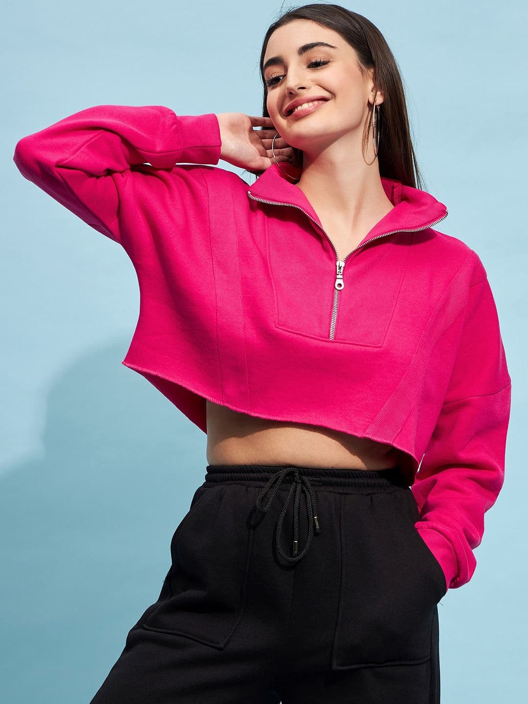 STREET 9 Fuchsia Mock Collar Pure Cotton Crop Sweatshirt - view 1
