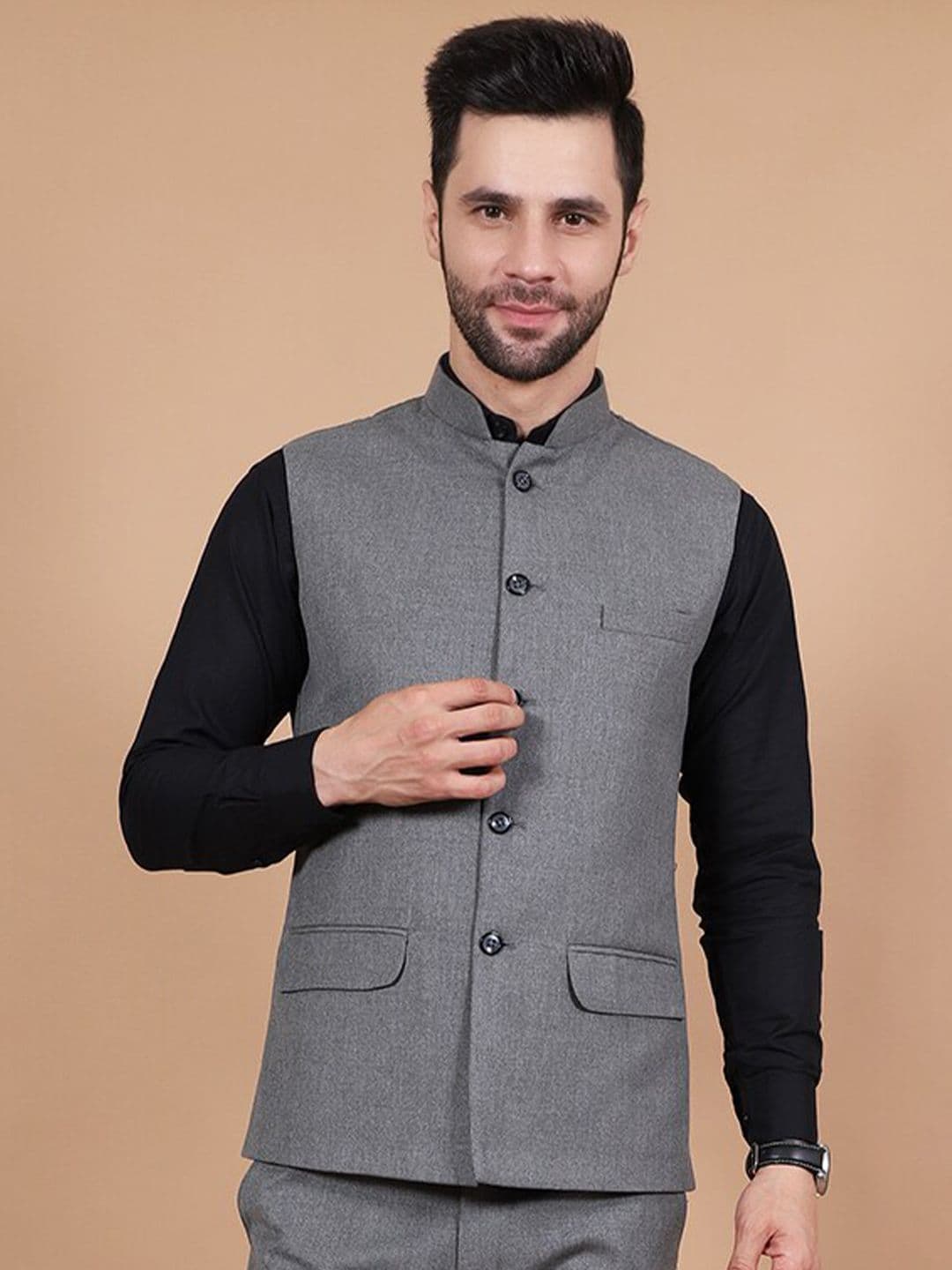 Wintage Mandarin Collar Woven Nehru Jacket - view 1