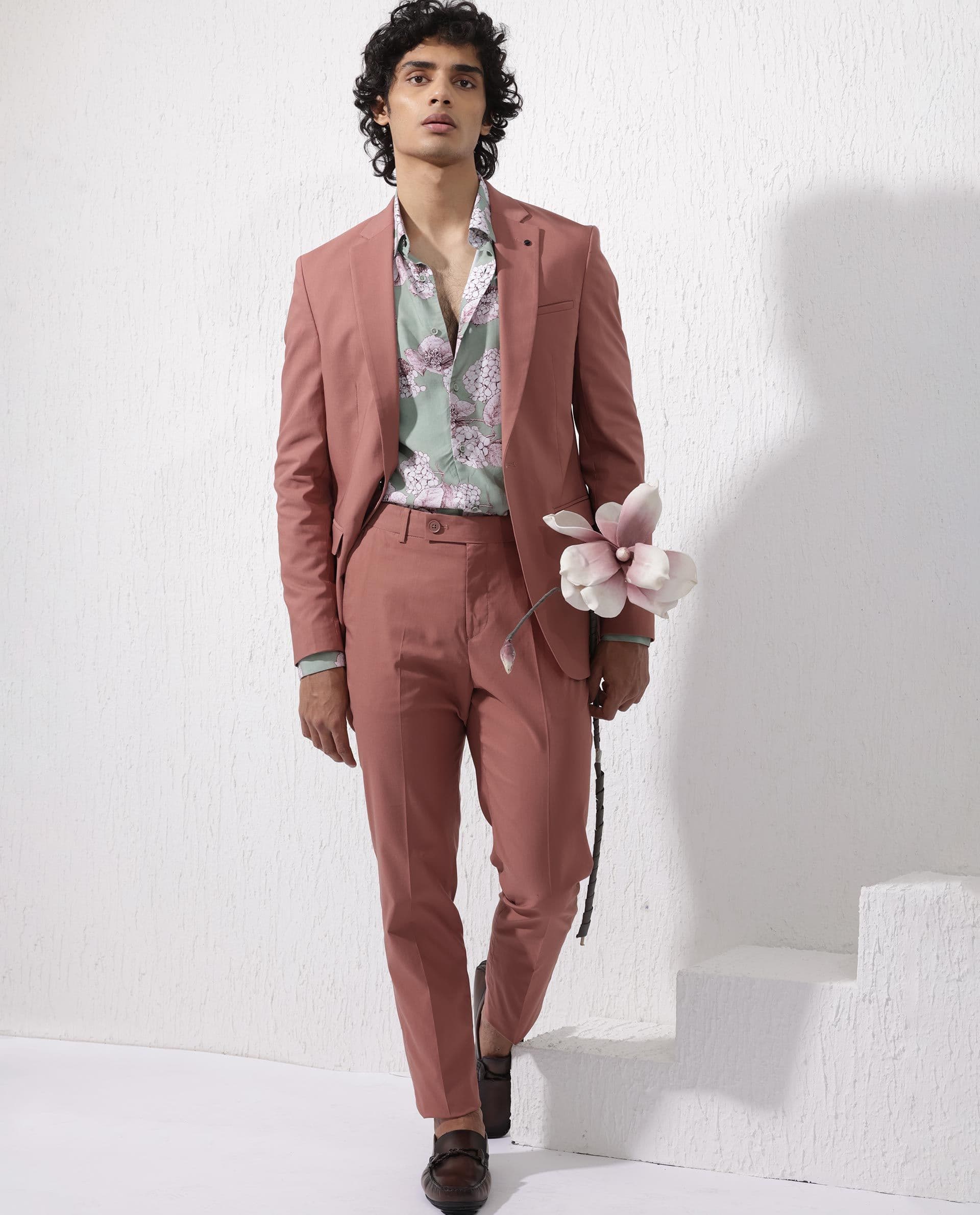 RARE RABBIT Men Pink Plain Full Sleeve Lapel Neck Tailored Fit Suits - view 1