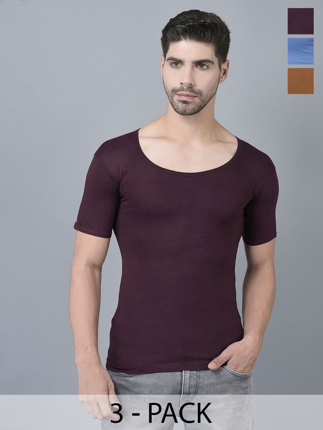 Dollar Lehar Men Combed Cotton Round Neck With Sleeve Vest -Pack of 3- Assorted - view 1
