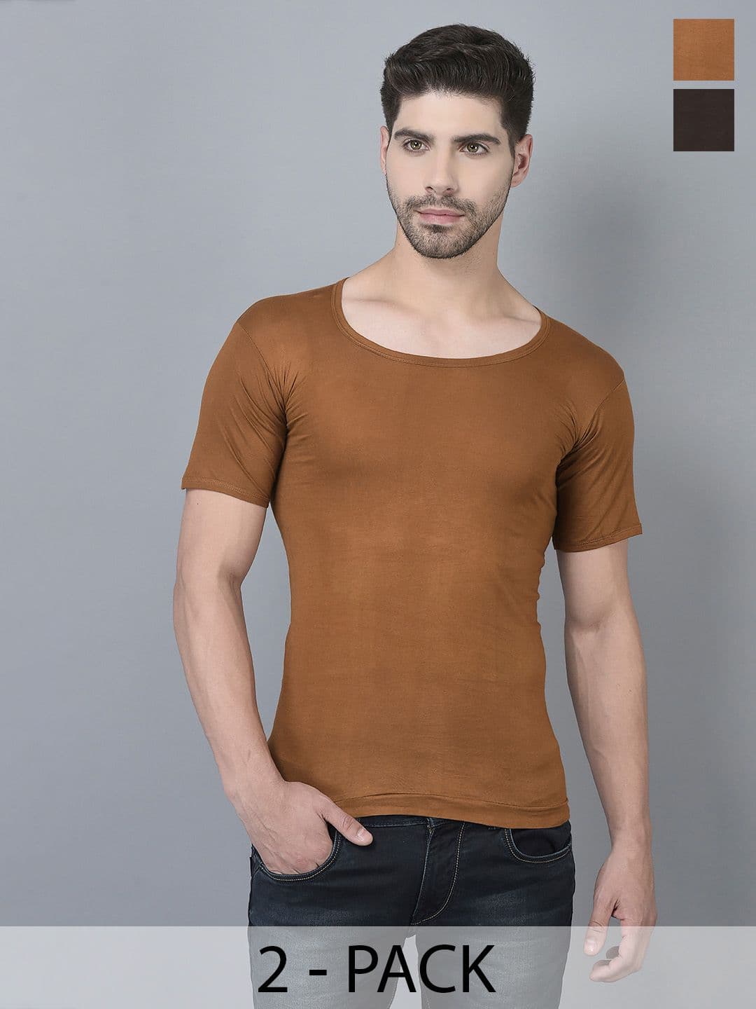 Dollar Lehar Men Combed Cotton Round Neck With Sleeve Vest -Pack of 2- Assorted - view 1