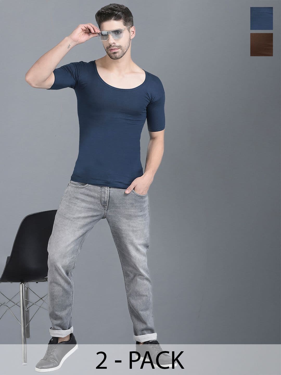 Dollar Lehar Men Combed Cotton Round Neck With Sleeve Vest -Pack of 2- Assorted - view 1