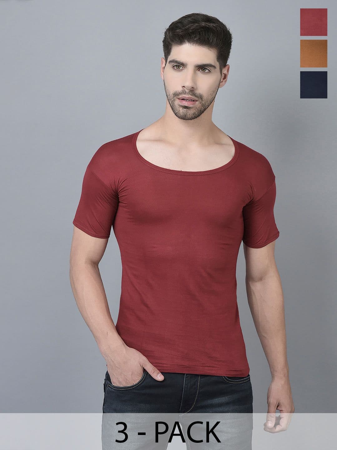 Dollar Lehar Men Combed Cotton Round Neck With Sleeve Vest -Pack of 3- Assorted - view 1