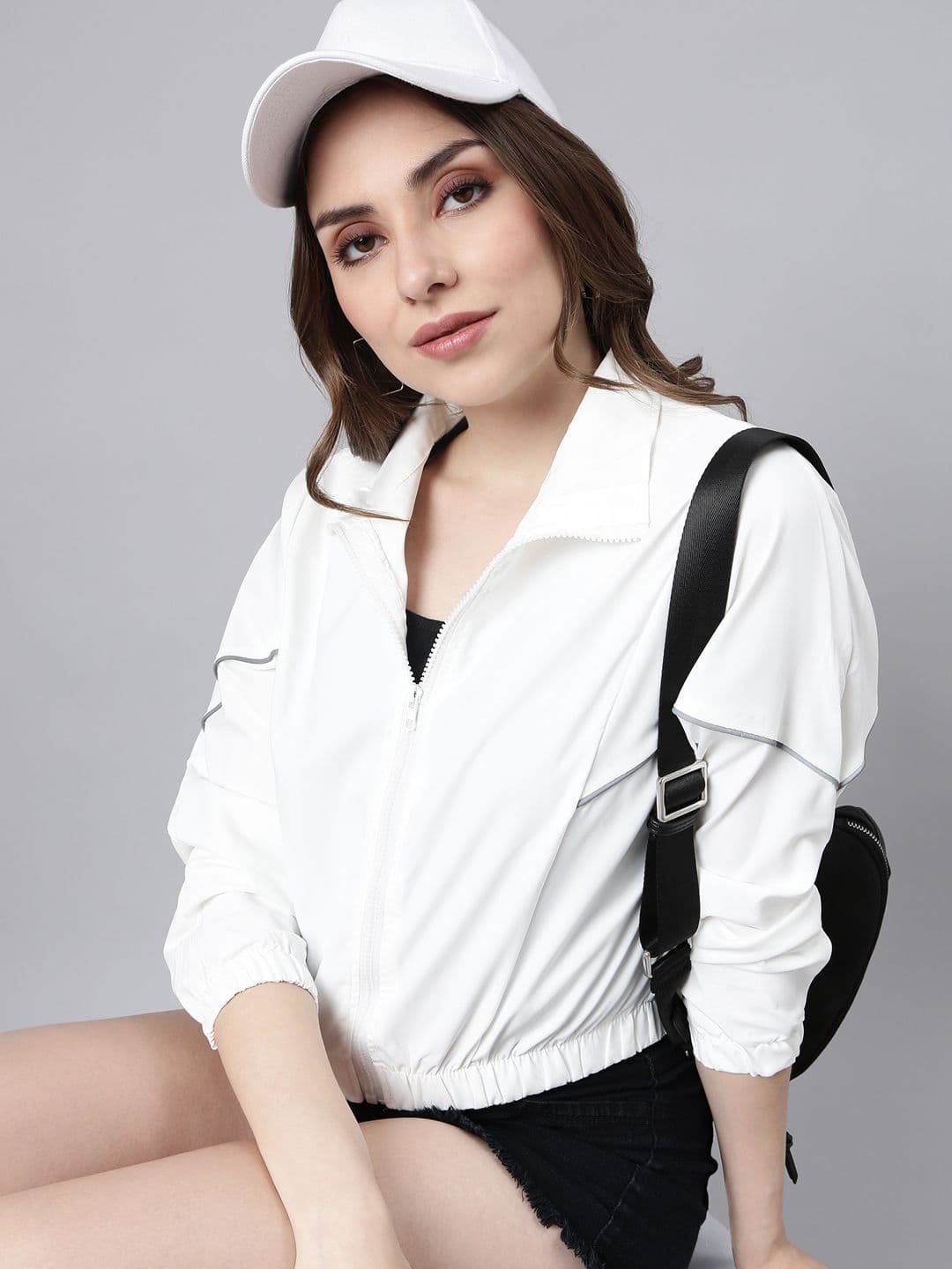 SHOWOFFFF Spread Collar Windcheater Crop Bomber Jacket - view 1