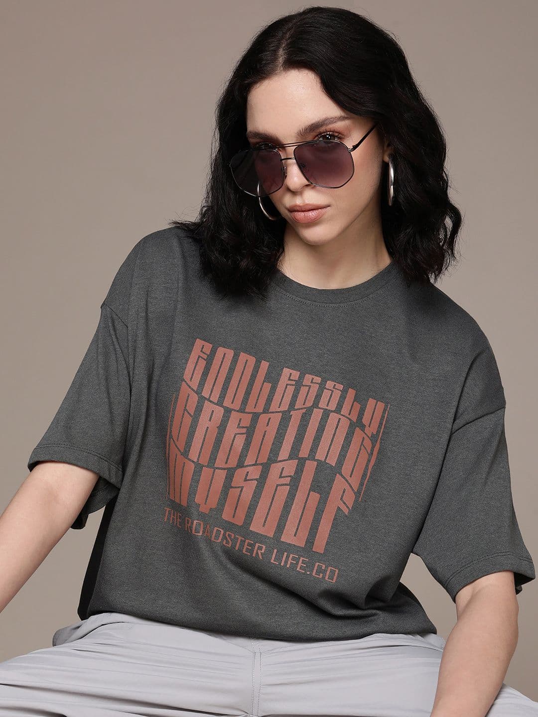 The Roadster Lifestyle Co. Typography Printed Drop-Shoulder Sleeves Oversized T-shirt - view 1