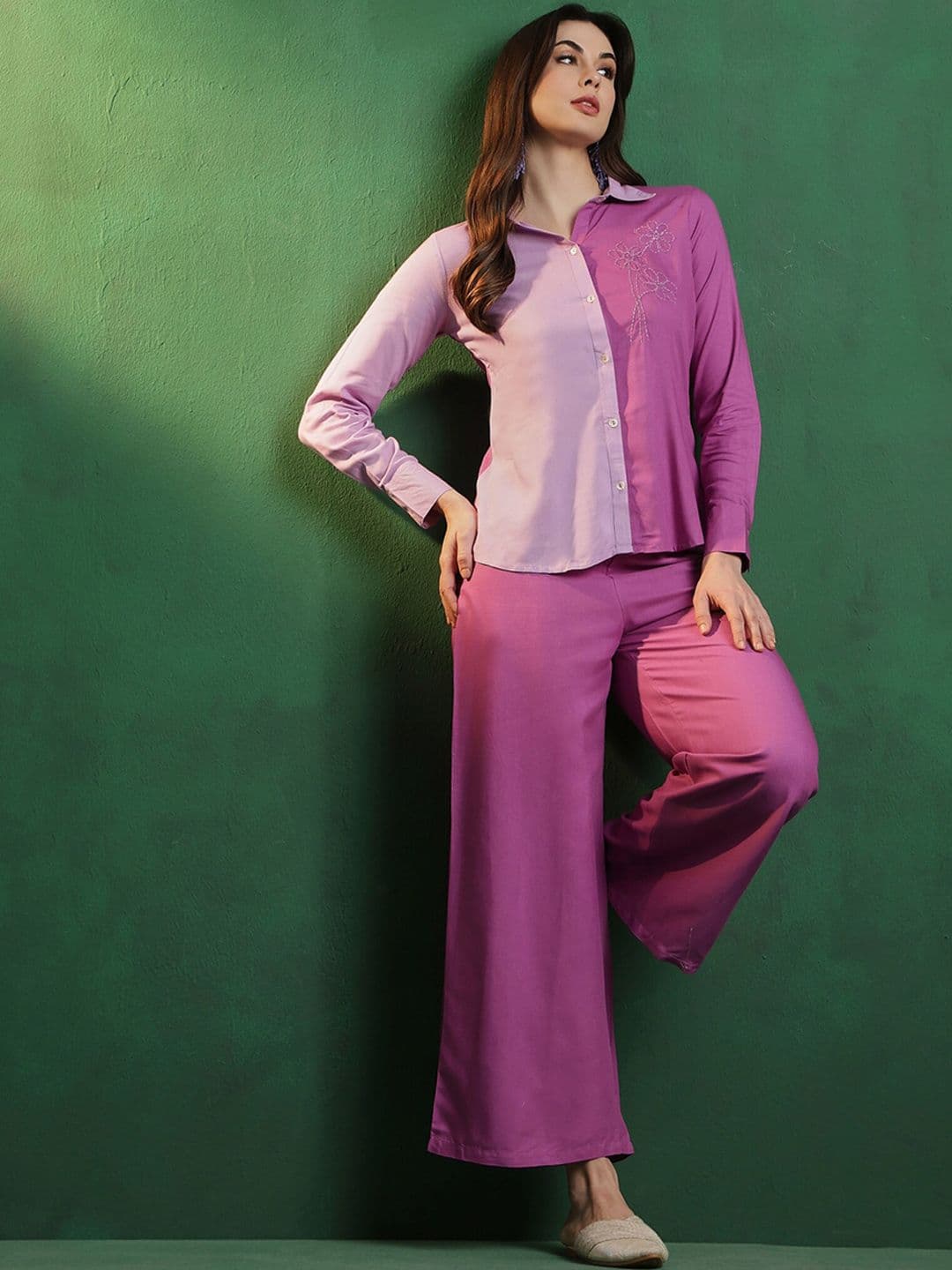 Sangria Purple Embroidered Shirt Collar Shirt & Palazzo - view 1