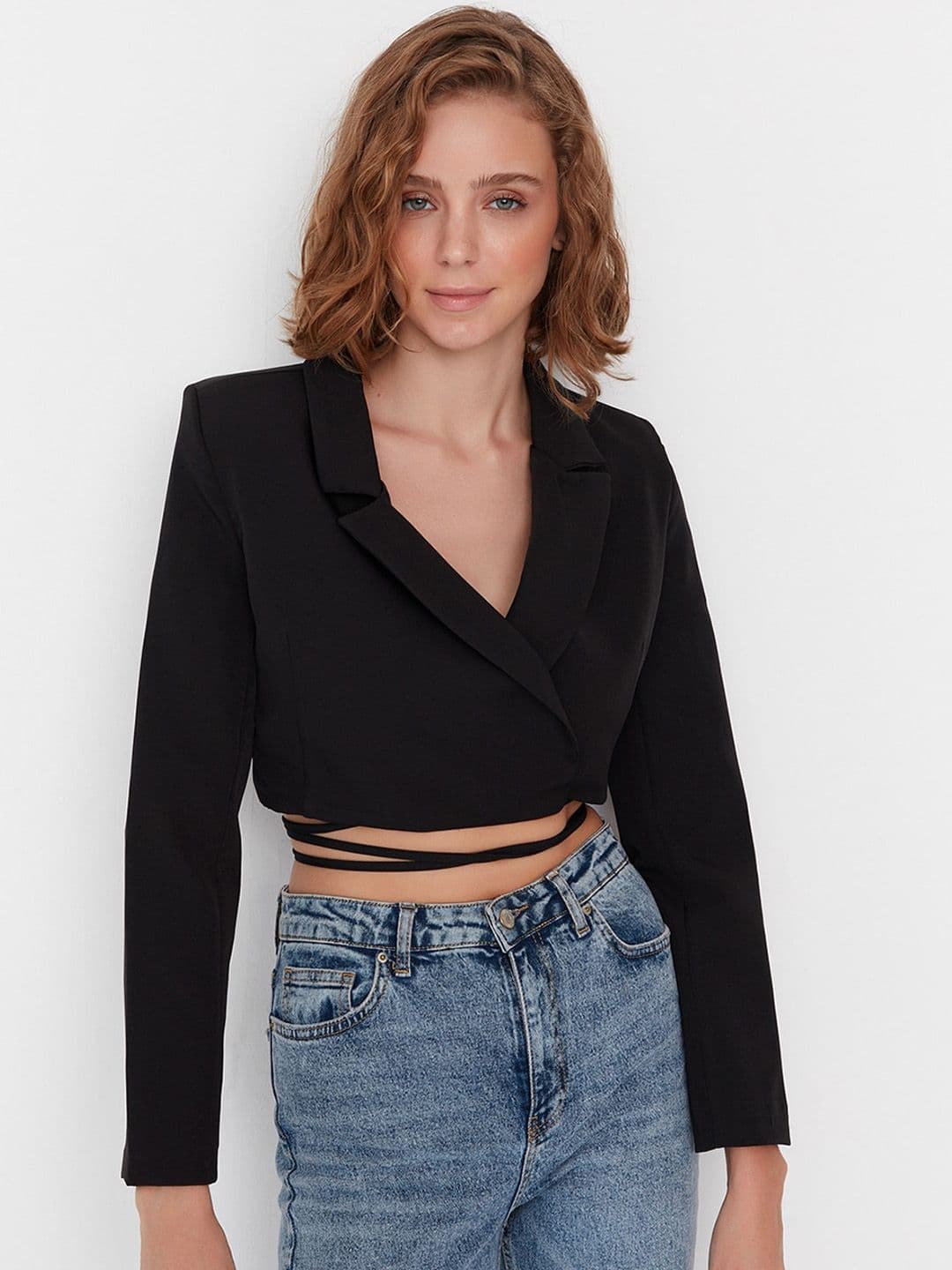 Trendyol Open Front Cropped Tie-Up Blazer - view 1