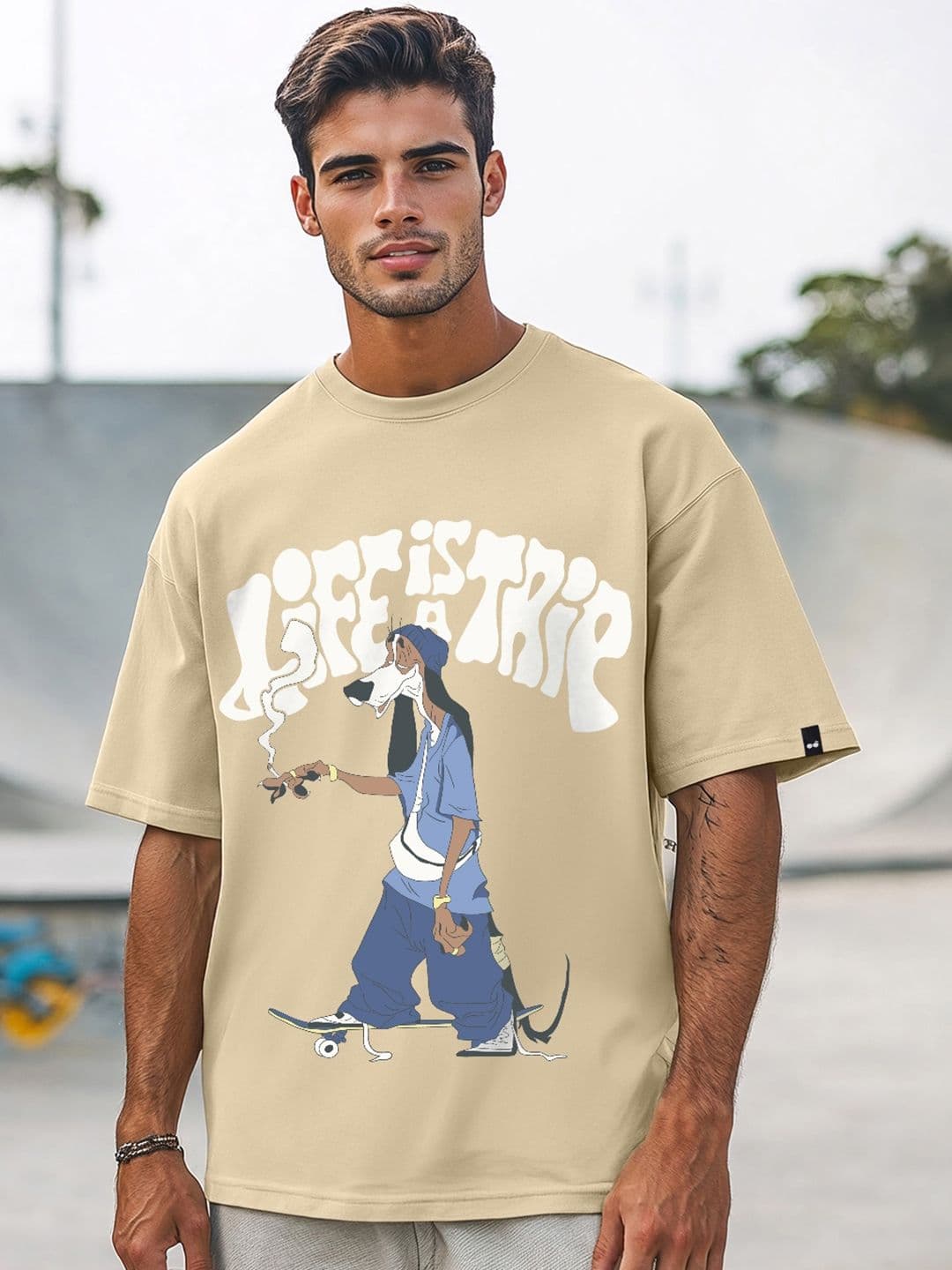 Bewakoof Life is a Trip Graphic Printed Drop-Shoulder Sleeves Oversized Cotton T-shirt - view 1