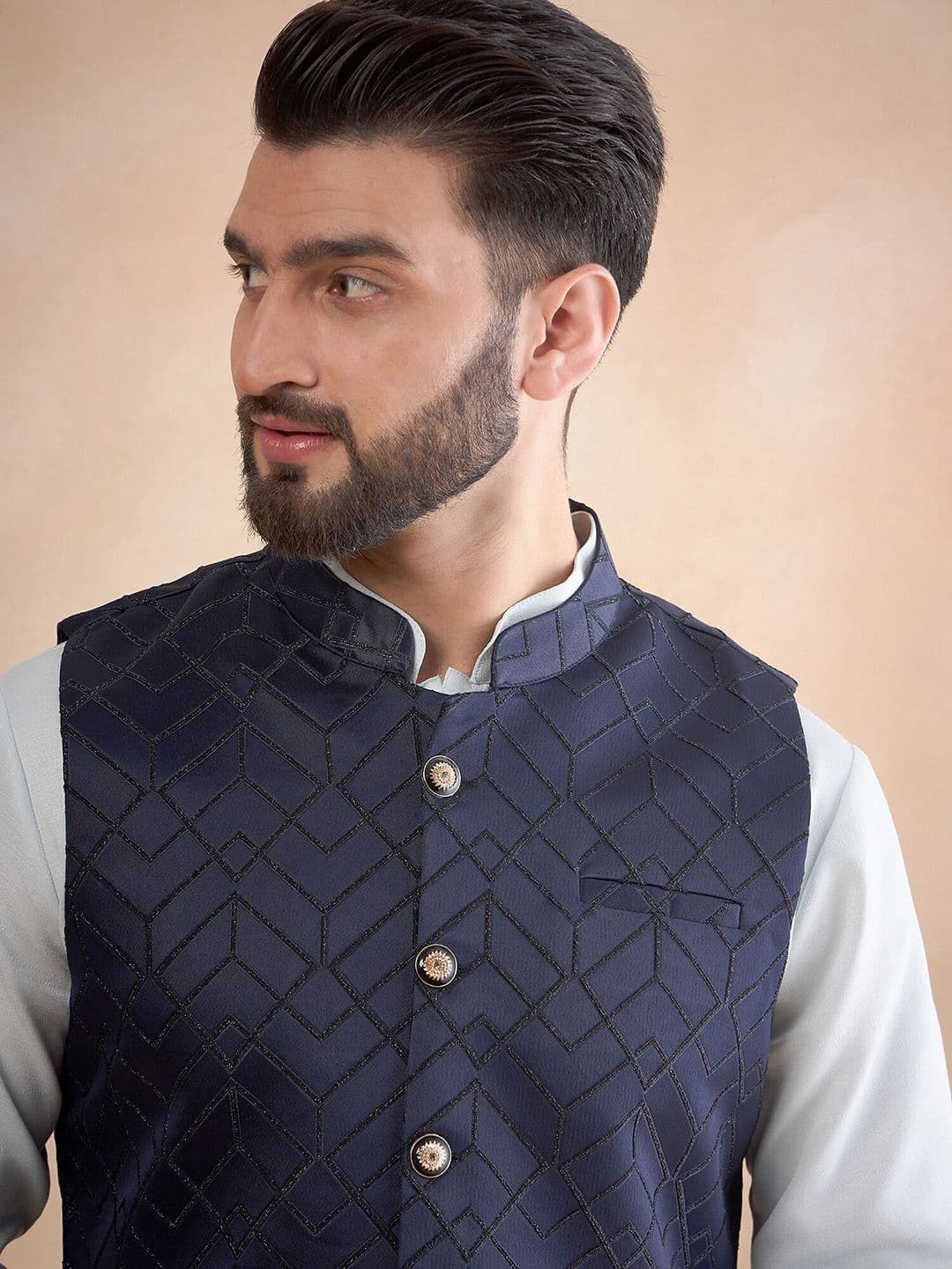 House of Pataudi Jacquard Woven Design Nehru Jacket with Zari Work - view 1
