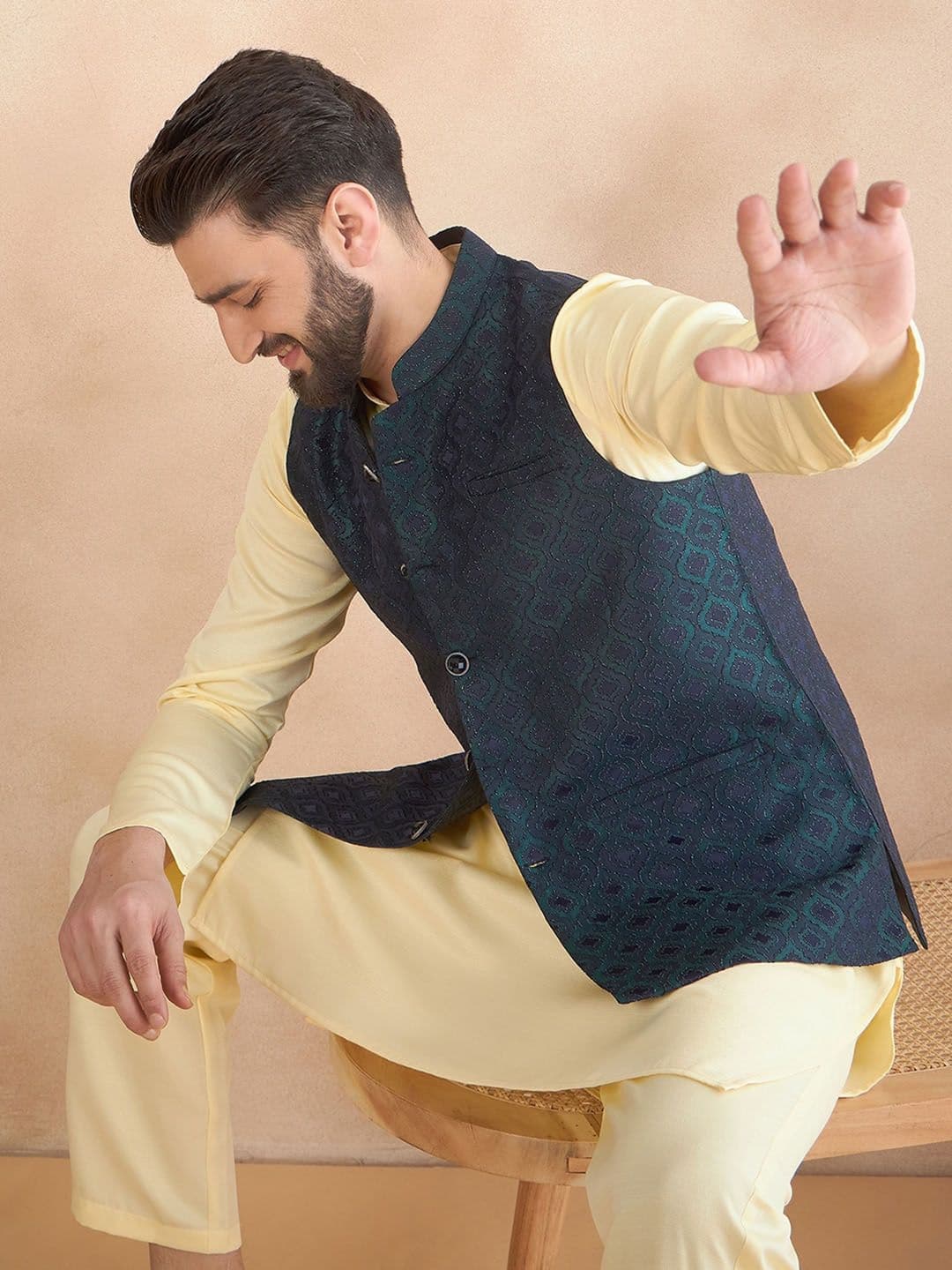 House of Pataudi Jacquard Woven Design Mandarin Collar Nehru Jacket - view 1