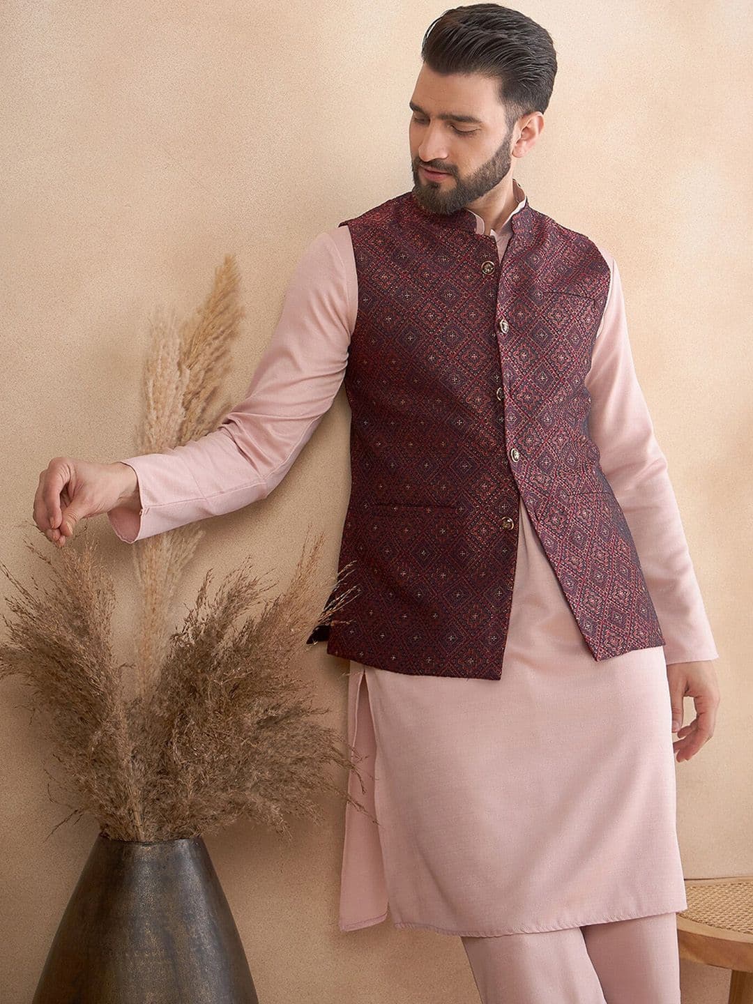 House of Pataudi Jacquard Woven Design Mandarin Collar Nehru Jacket - view 1