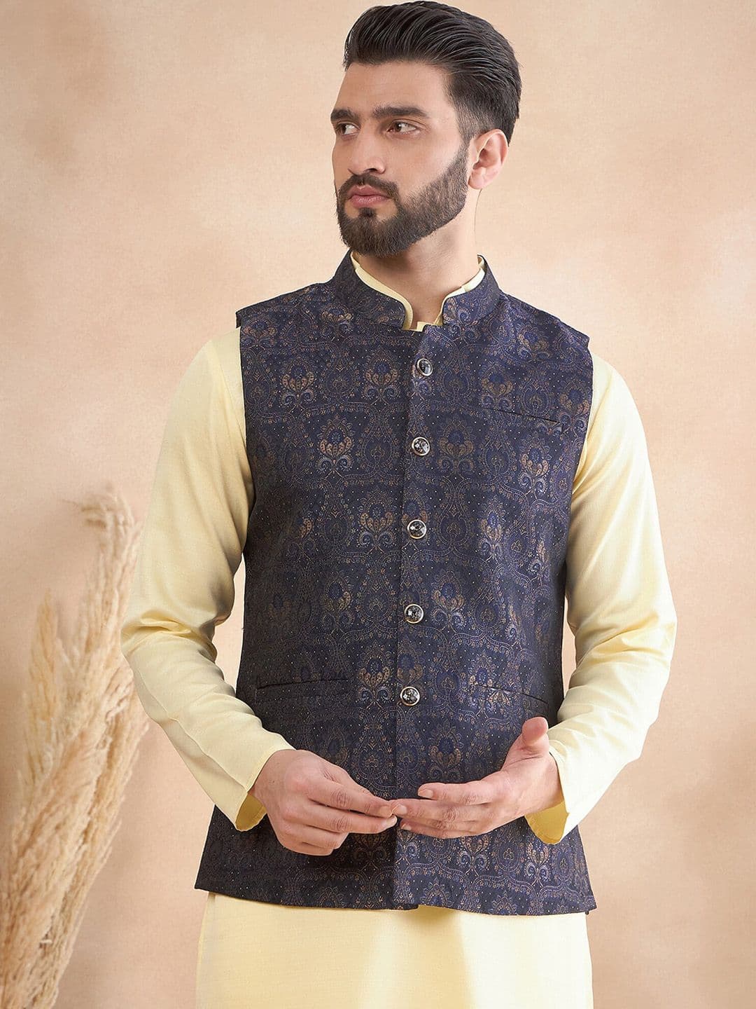 House of Pataudi Woven Design Mandarin Collar Nehru Jackets - view 1