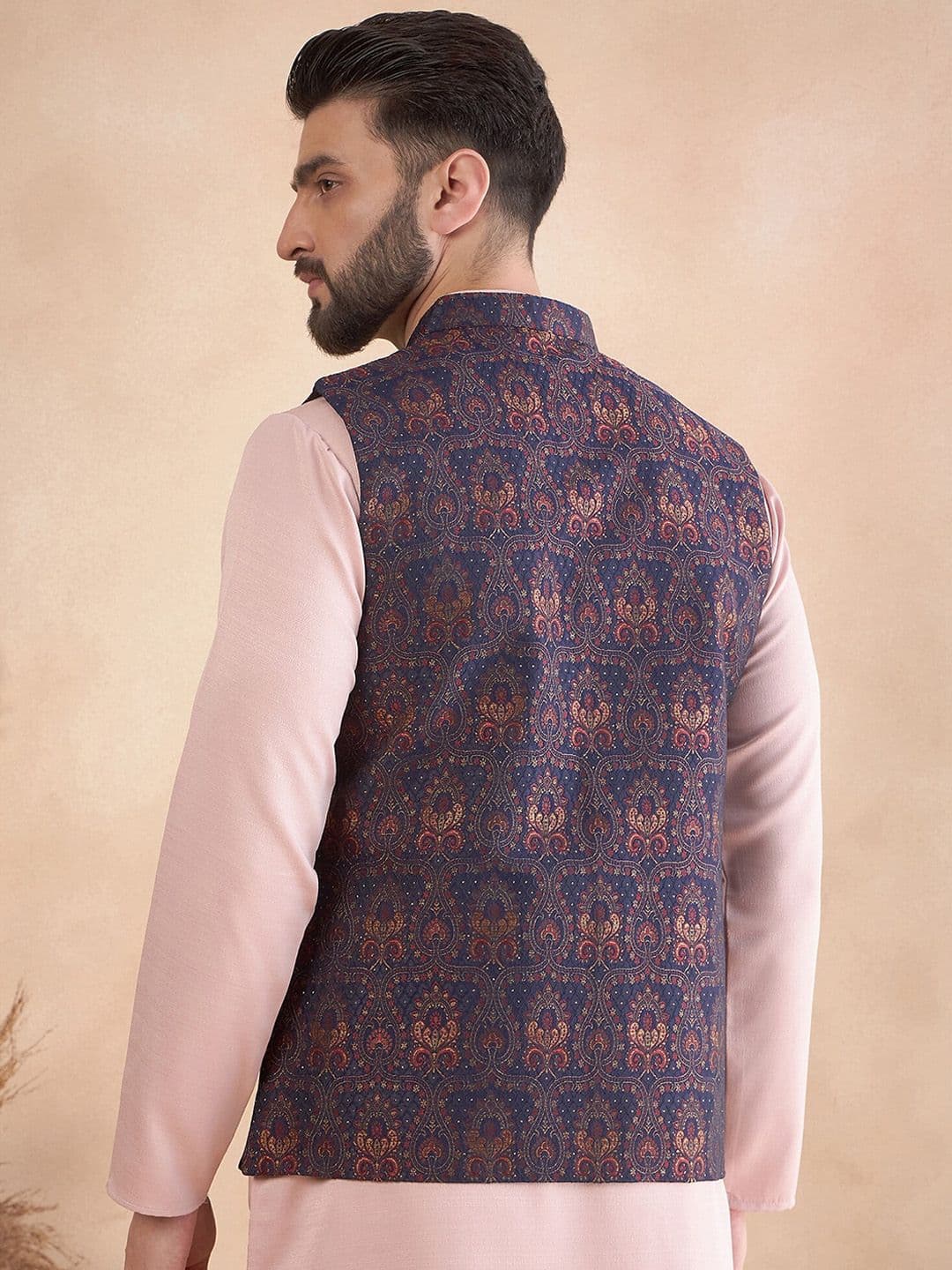 House of Pataudi Jacquard Woven Design Mandarin Collar Nehru Jacket - view 1