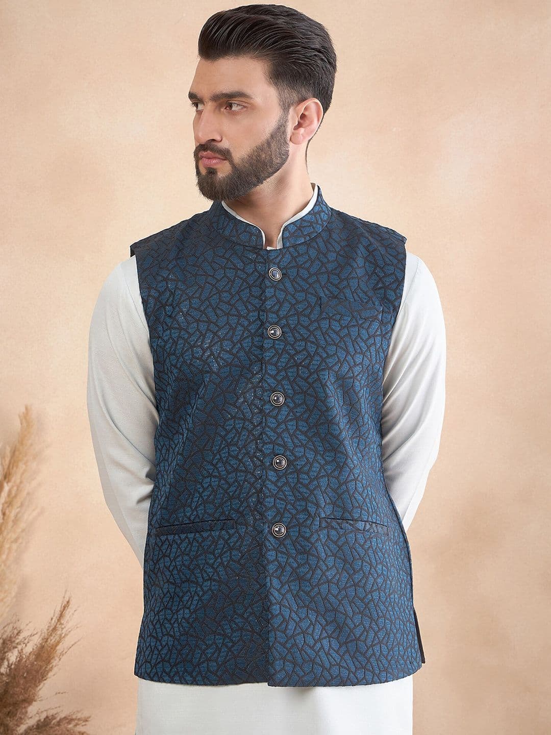 House of Pataudi Embroidered Mandarin Collar Sequinned Nehru Jackets - view 1