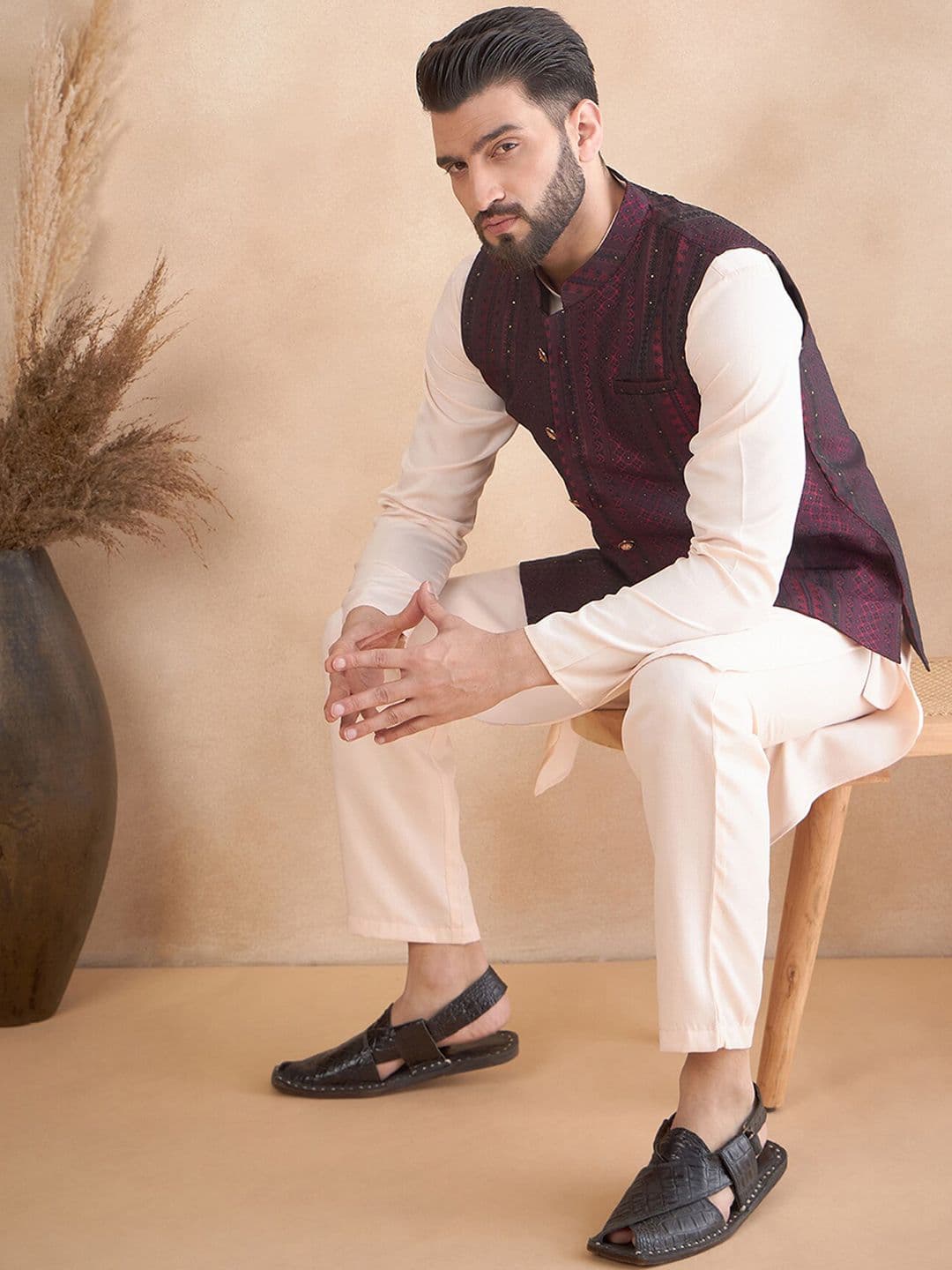 House of Pataudi Jacquard Woven Design Mandarin Collar Nehru Jacket - view 1