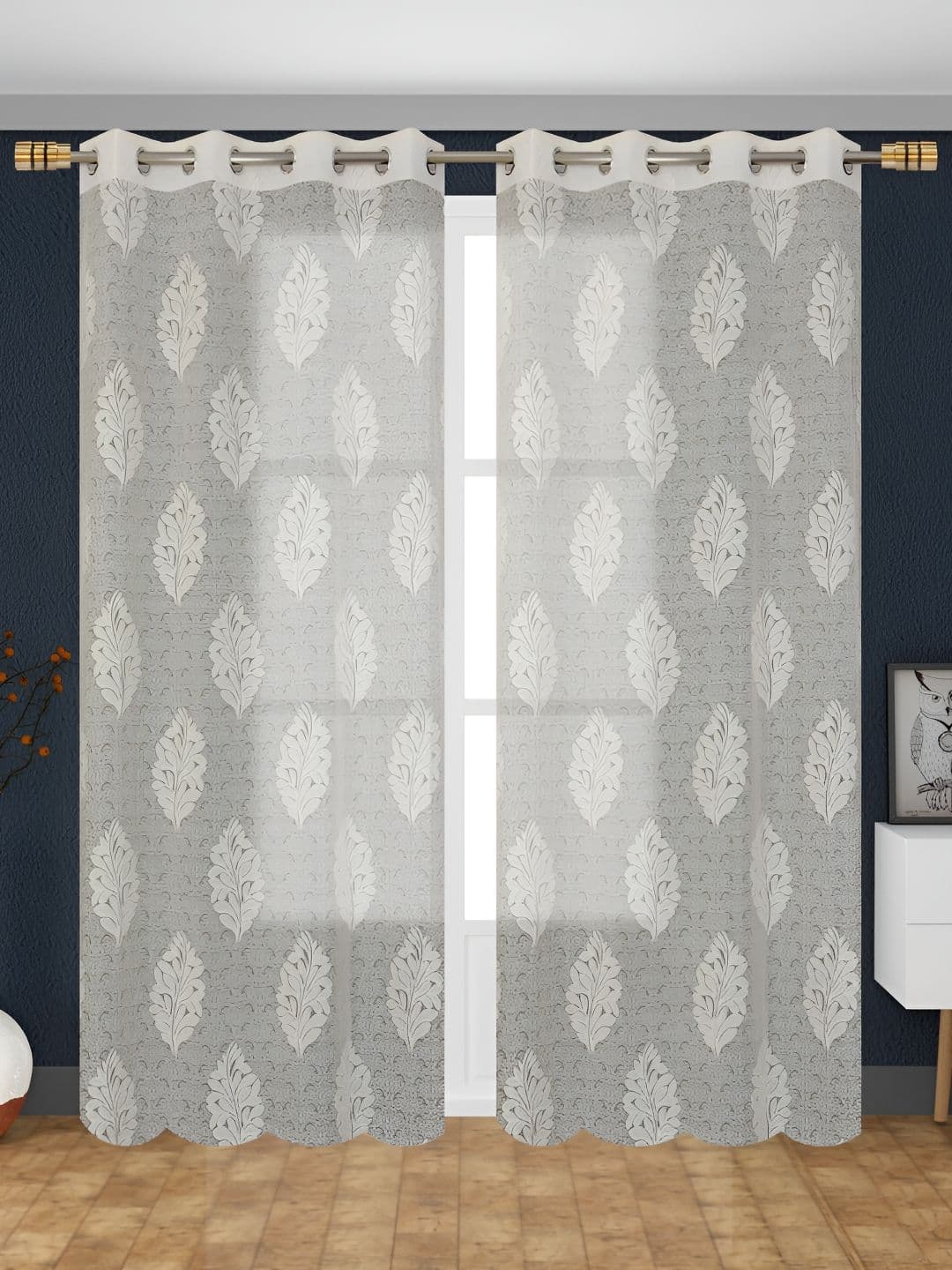 Aura Cream 2 Pieces Floral Sheer Long Door Curtains - view 1