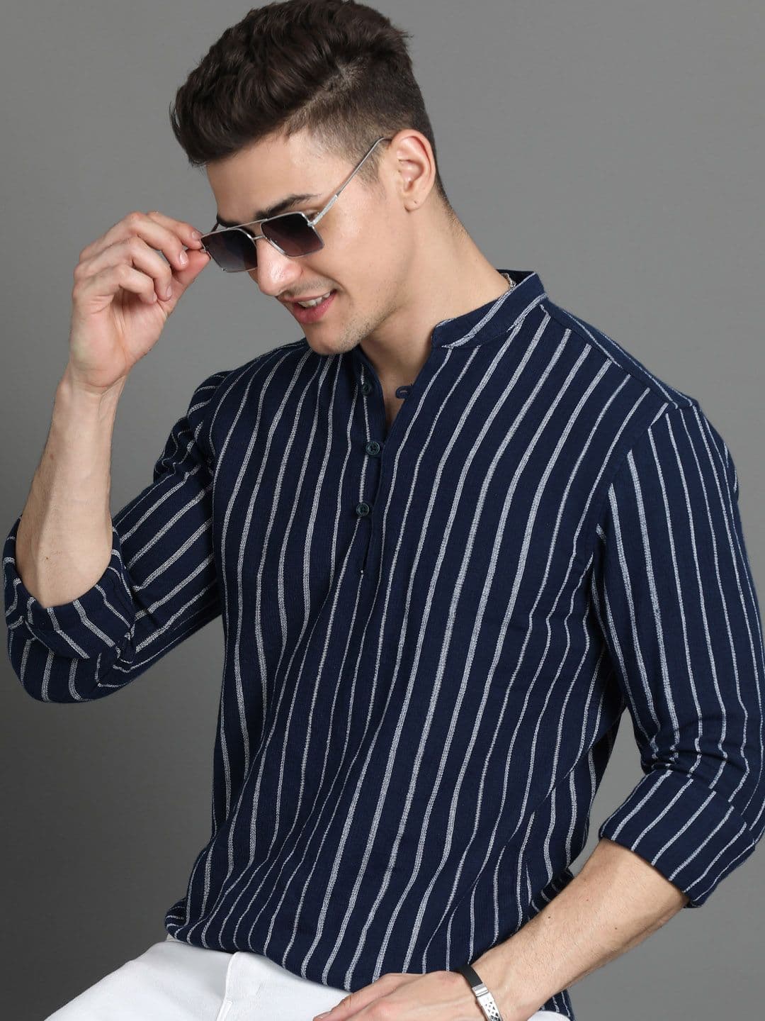 HERE&NOW Mandarin Collar Printed Flared Sleeves Thread Work Cotton Short Kurta - view 1