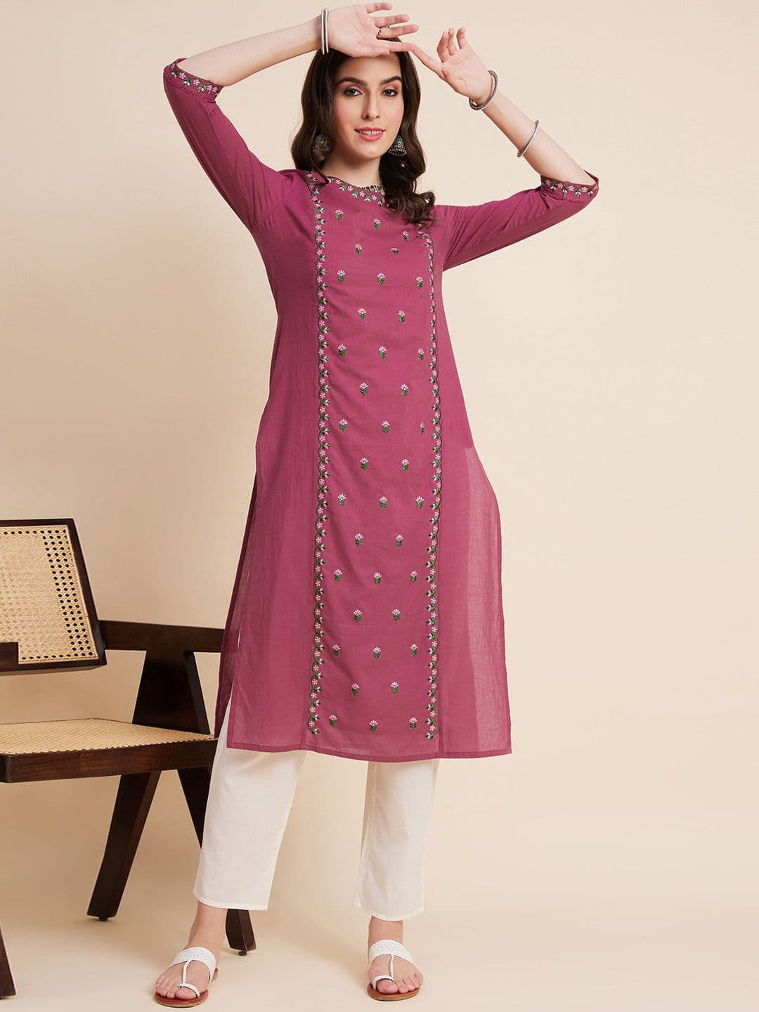 Sangria Floral Embroidered Cotton Straight Kurtas - view 1