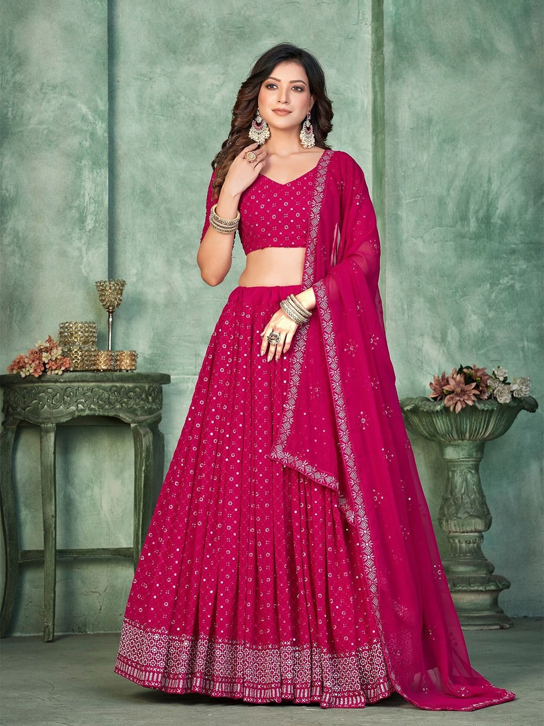KALINI Woven Design Sequinned Semi-Stitched Lehenga & Unstitched Blouse With Dupatta - view 1