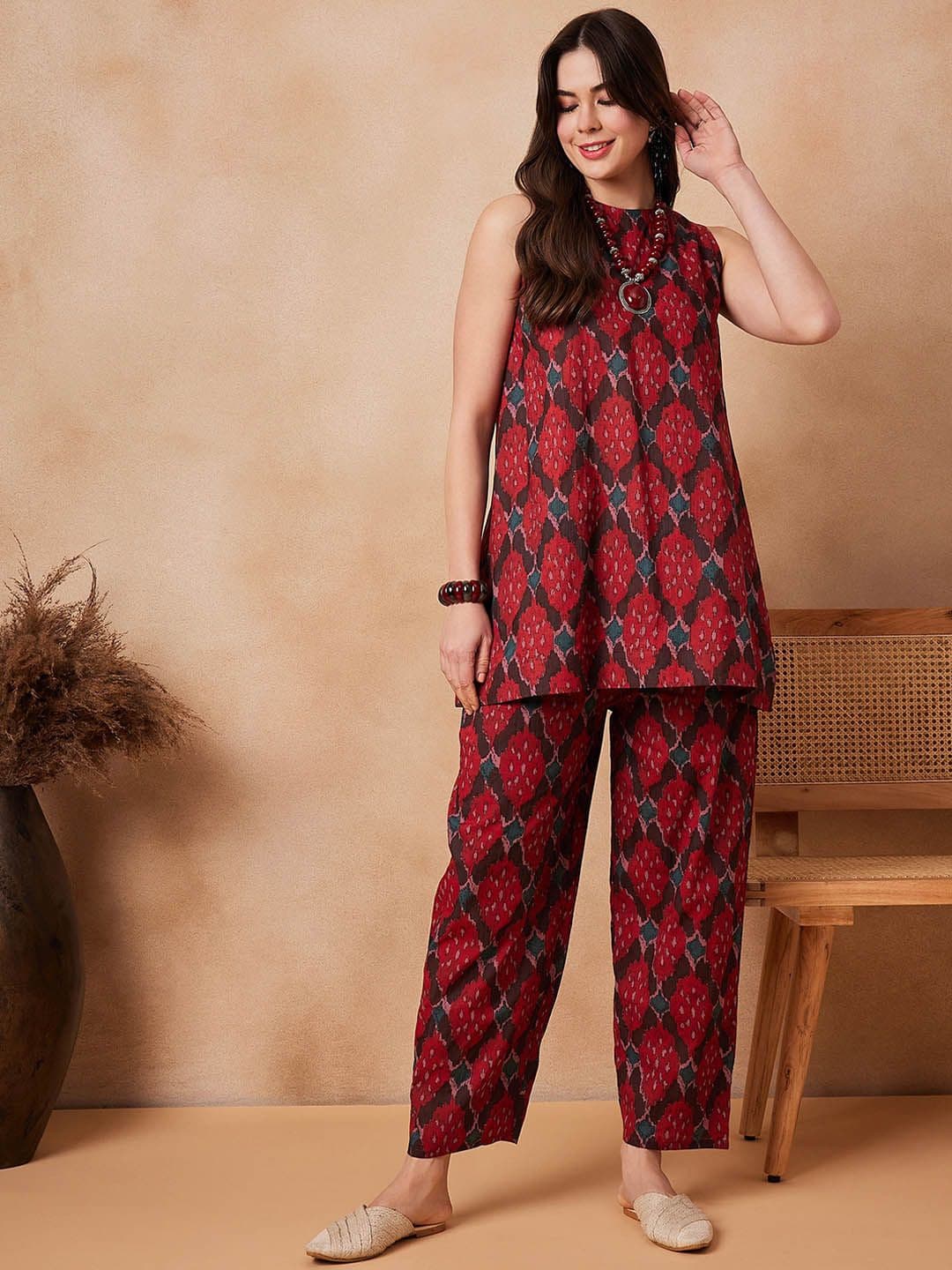 InWeave Red Printed Pure Cotton Tunic With Trouser - view 1