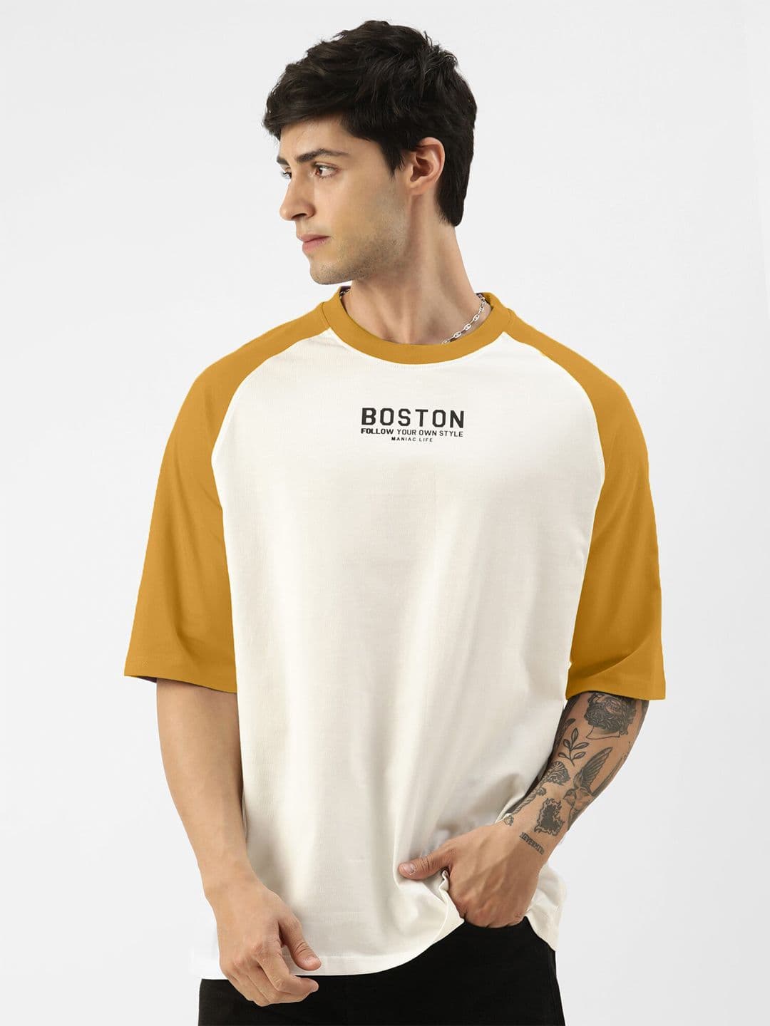 Maniac Typography Printed Raglan Sleeves Cotton Oversized T-shirt - view 1
