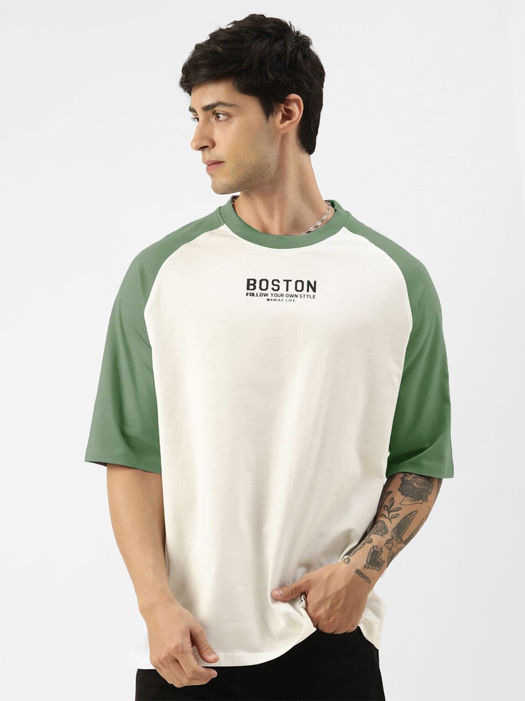 Maniac Typography Printed Raglan Sleeves Cotton Oversized T-shirt - view 1