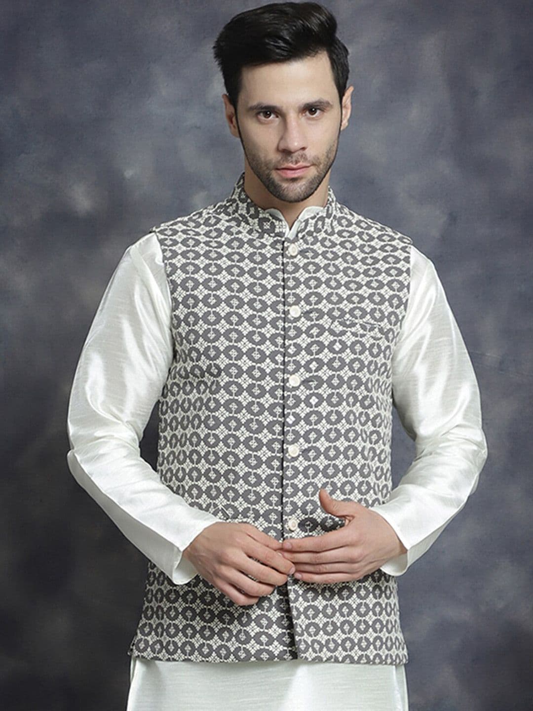 Jompers Geometric Embroidered Mandarin Collar Nehru Jacket - view 1