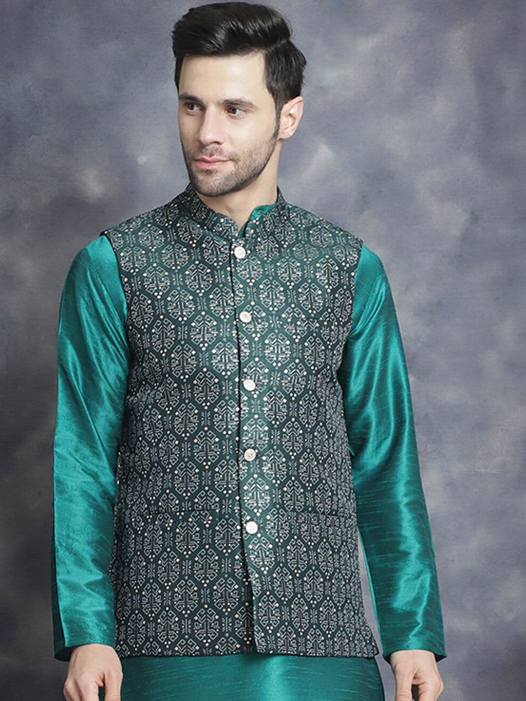 Jompers Ethnic Printed Mandarin Collar Silk Cotton Nehru Jacket - view 1