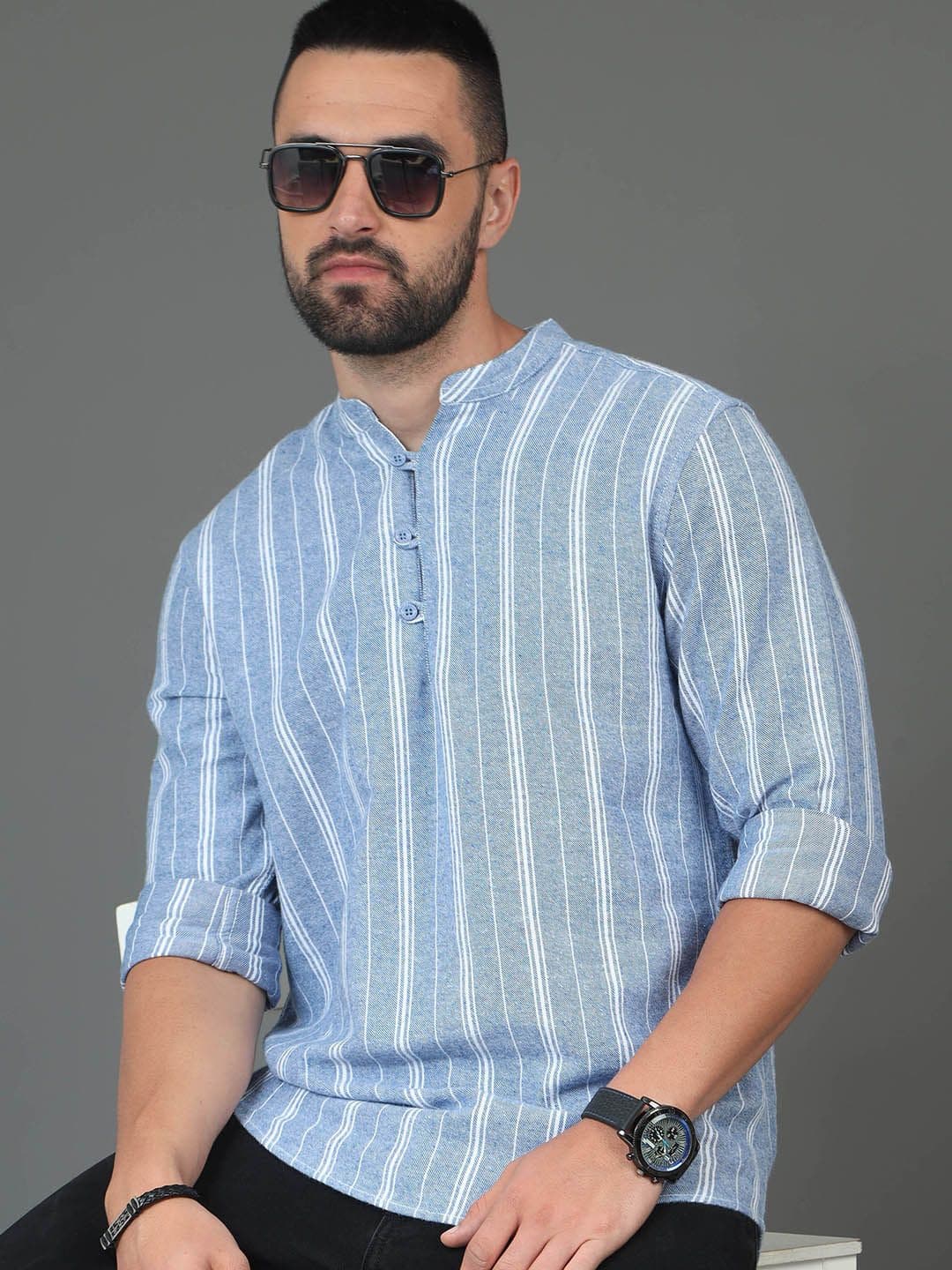 HERE&NOW Blue & White Striped Printed Mandarin Collar Cotton Straight Short Kurta - view 1