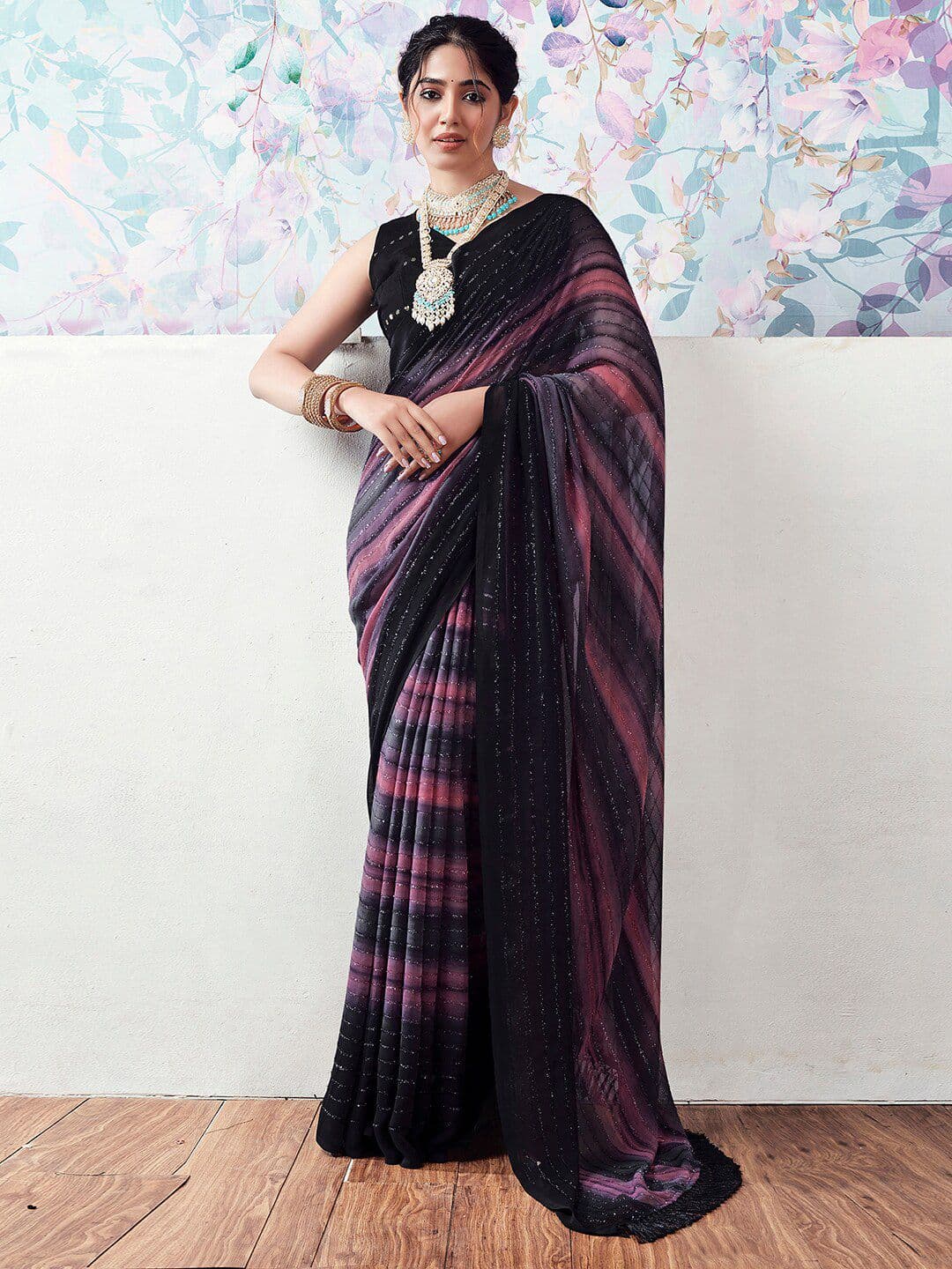 Mitera Black & Pink Striped Zari Saree - view 1