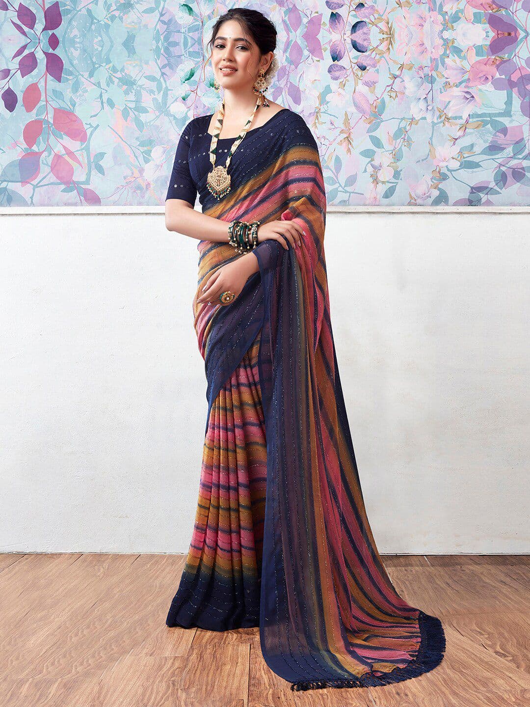 Mitera Striped Printed & Glitter Zari Saree - view 1