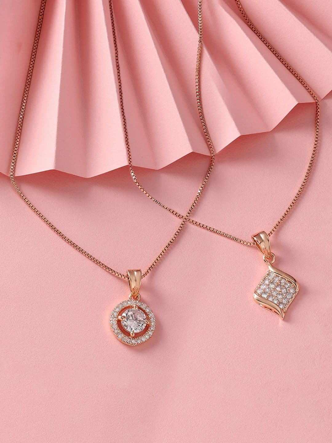 Zaveri Pearls Set of 2 Rose Gold-Plated Cubic Zirconia Studded Pendants with Chains - view 1