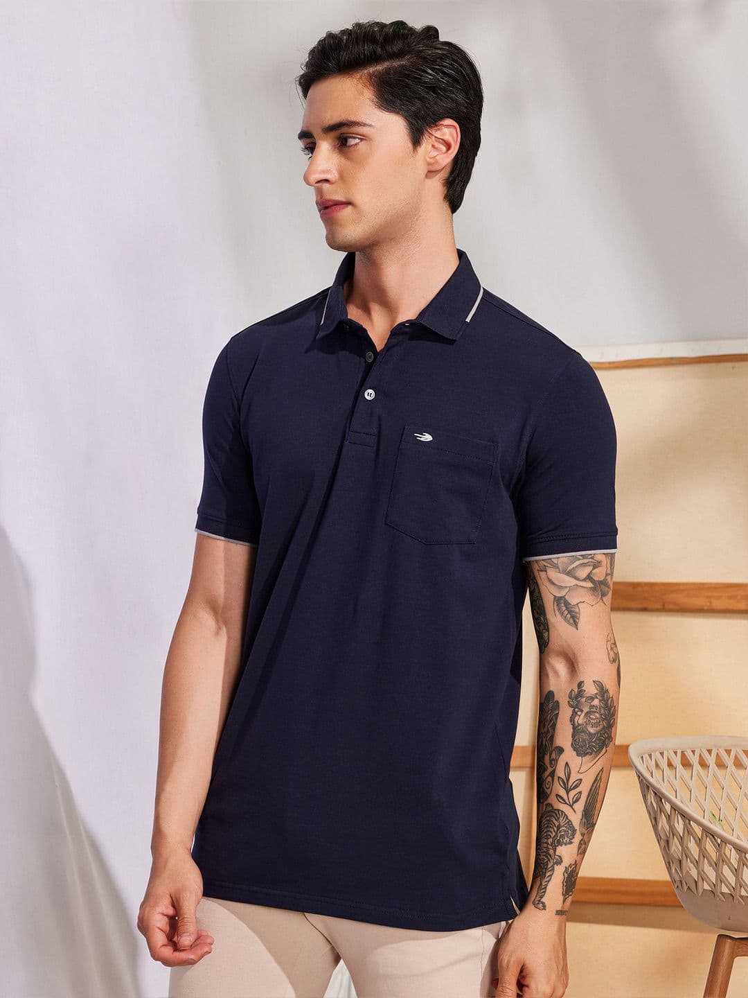 Red Flame Polo Collar Pockets Cotton T-shirt - view 1