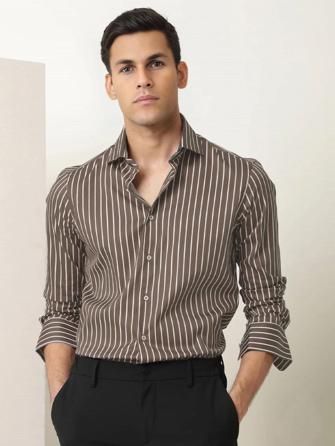 MISCHIEF MONKEY Classic Striped Cotton Spread Collar Curved Formal Shirt - view 1