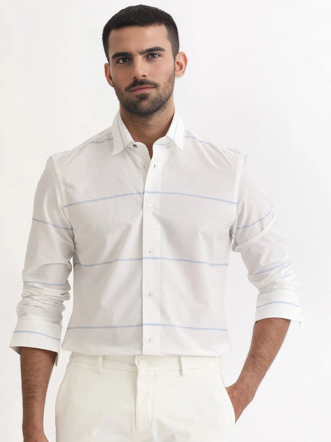 MISCHIEF MONKEY Classic Striped Cotton Spread Collar Curved Formal Shirt - view 1
