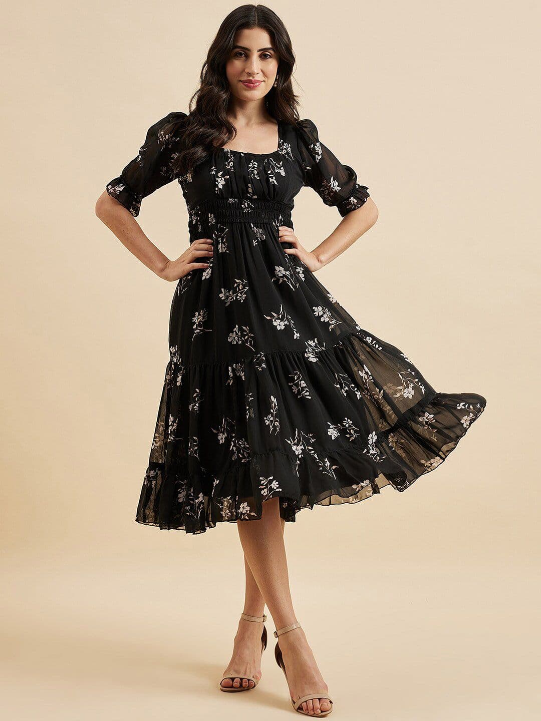 Azira Floral Print Square Neck Puff Sleeve Georgette Fit & Flare Midi Tiered Dress - view 1