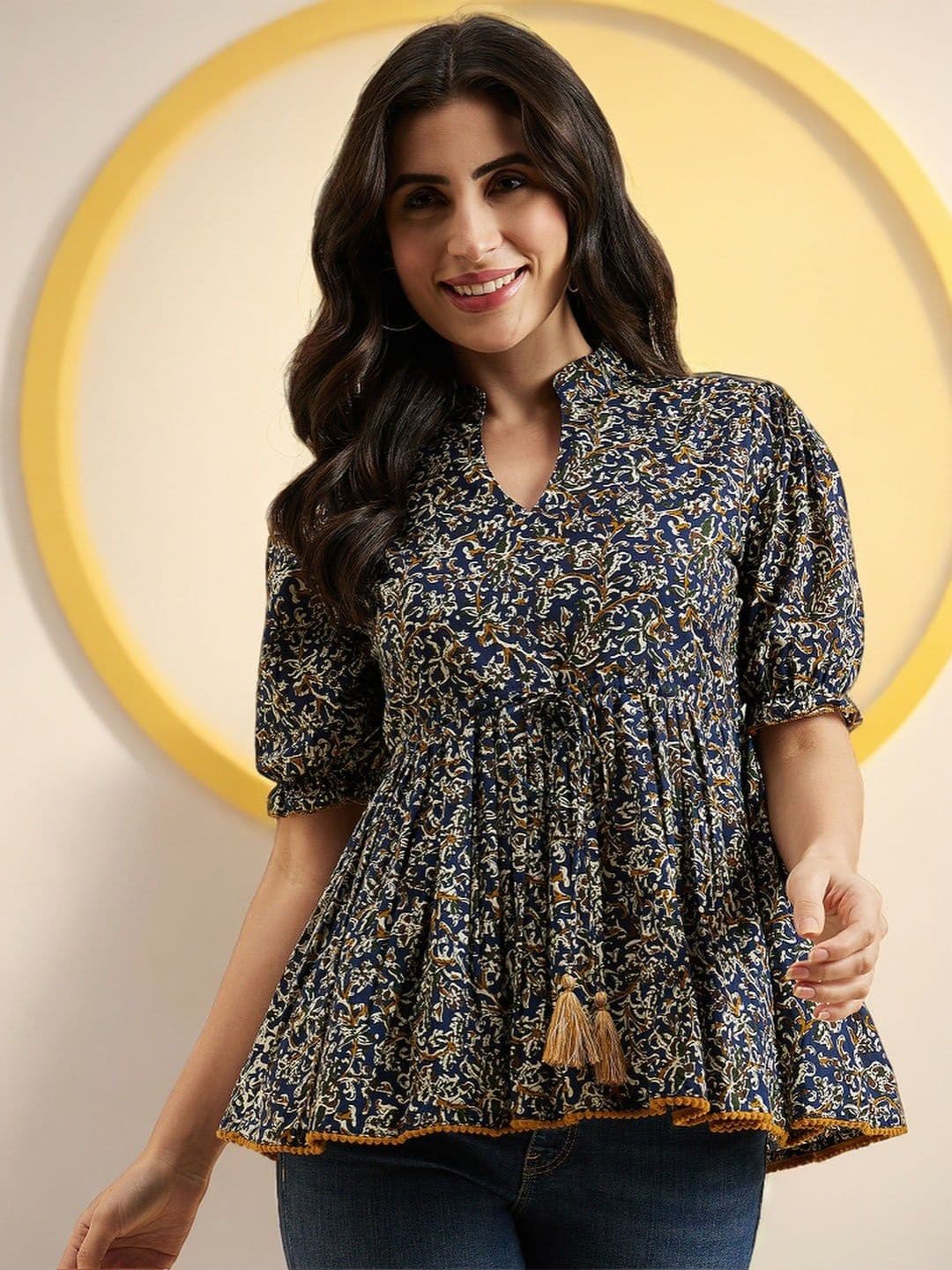 Azira Floral Print Mandarin Collar Puff Sleeve Cotton Peplum Top - view 1