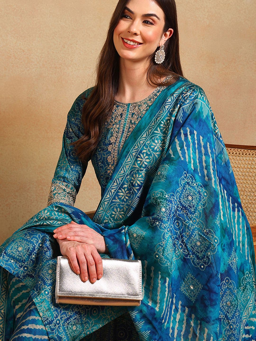 KALINI Ethnic Motifs Printed Thread Work Straight Kurta With Trouser & Dupatta - view 1