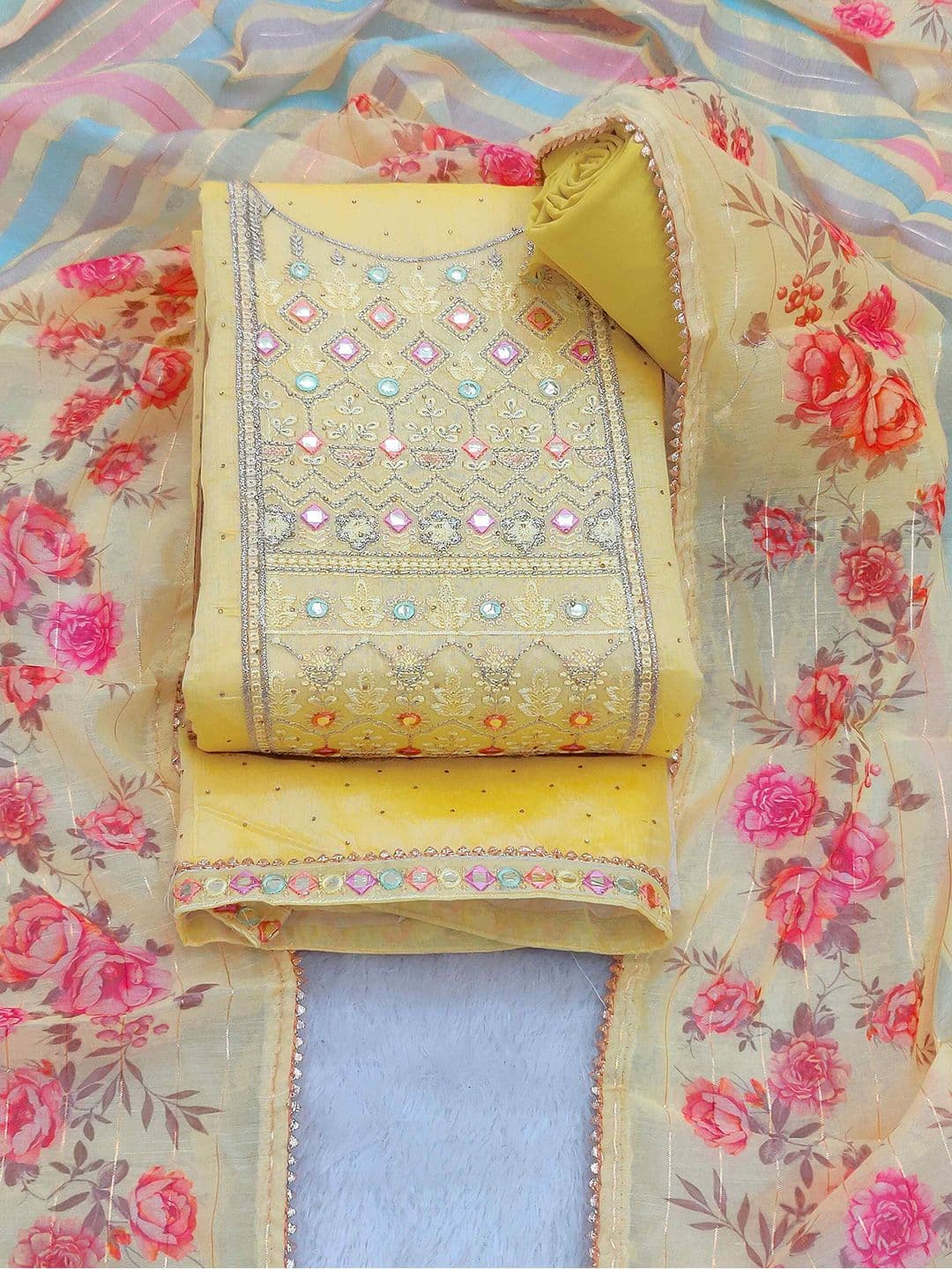 TAVAS Floral Embroidered Mirror Work Unstitched Dress Material - view 1