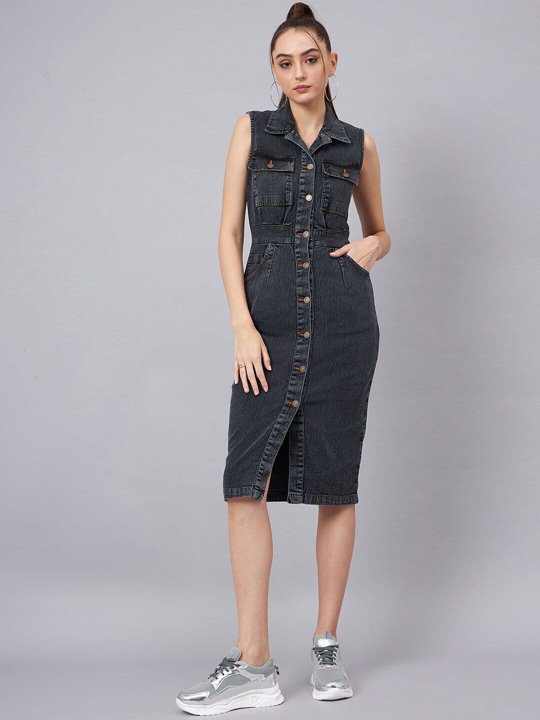 Orchid Blues Sleeveless Cotton Denim Shirt Midi Dress - view 1