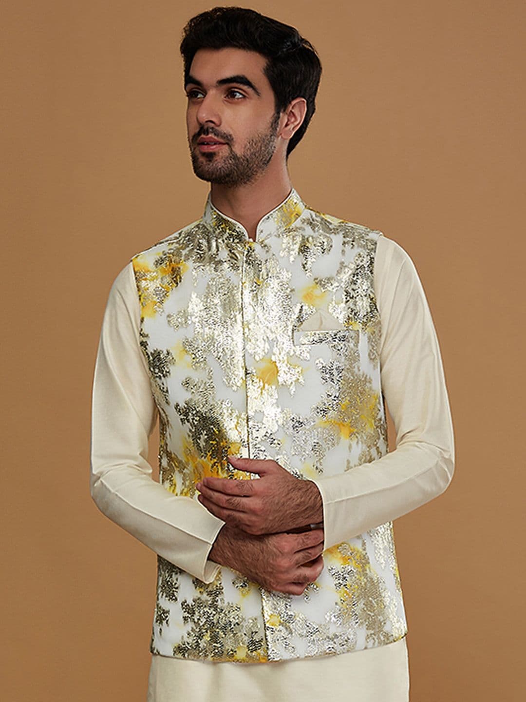 KISAH Men Floral Jacquard Woven Design Nehru Jacket - view 1