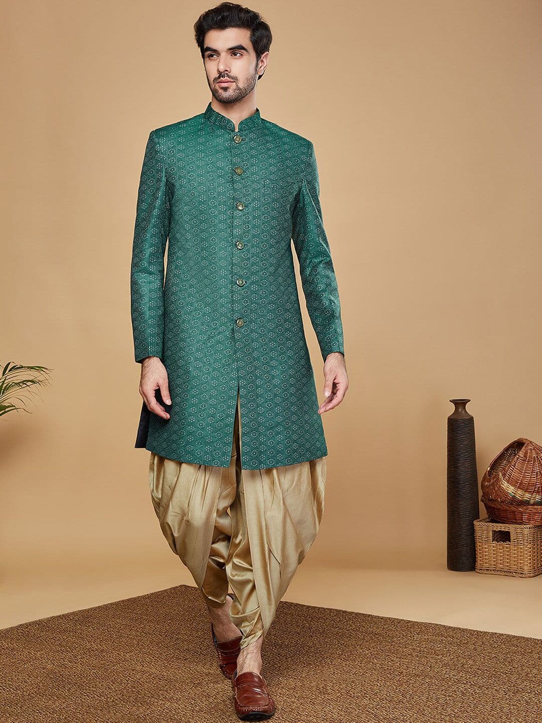 KISAH Men Self-Design Mandarin Collar Kurta Indowestern Sherwani Dhoti Set - view 1