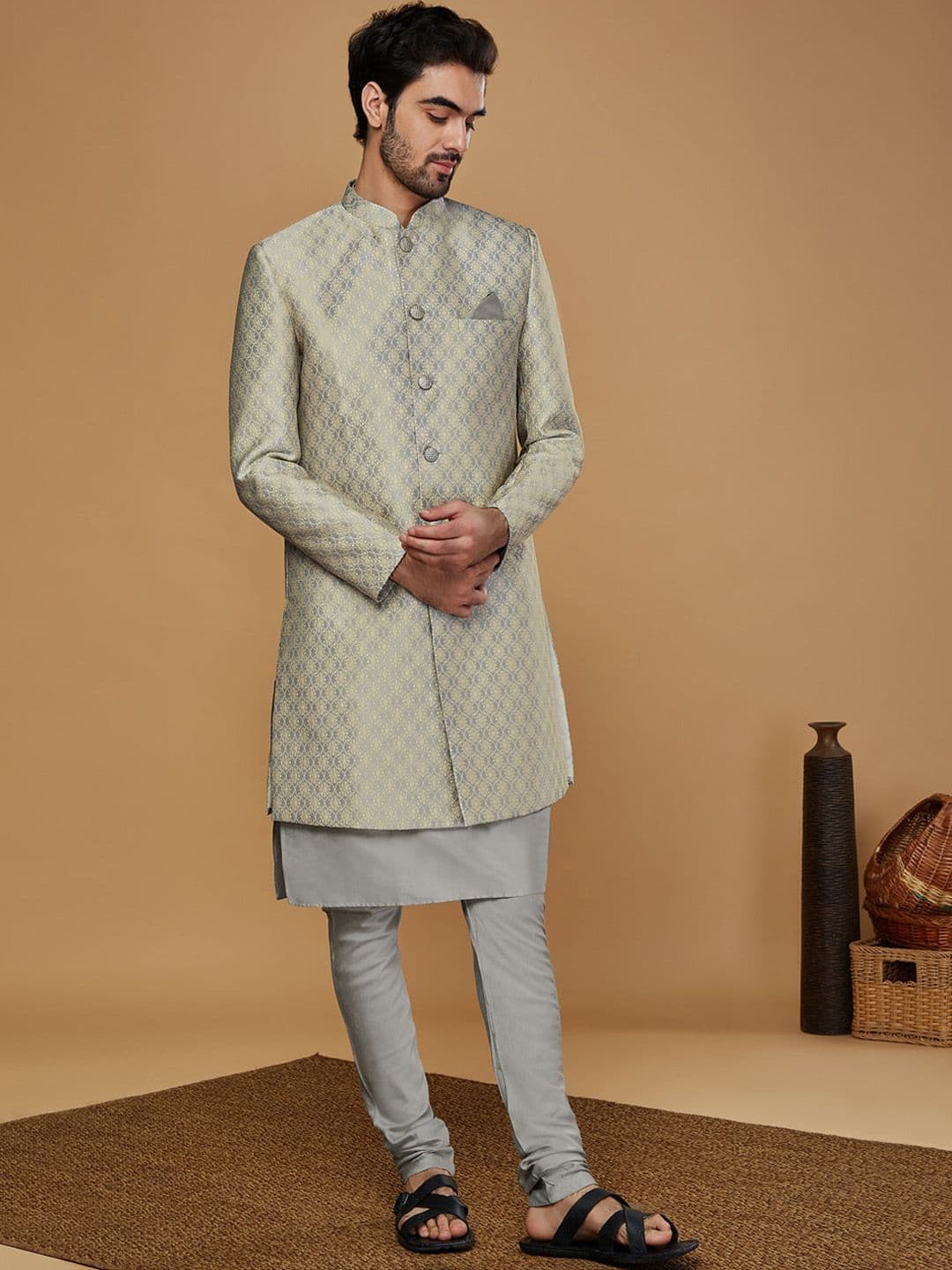 KISAH Men Self-Design Mandarin Collar Kurta Indowestern Sherwani Churidar Set - view 1