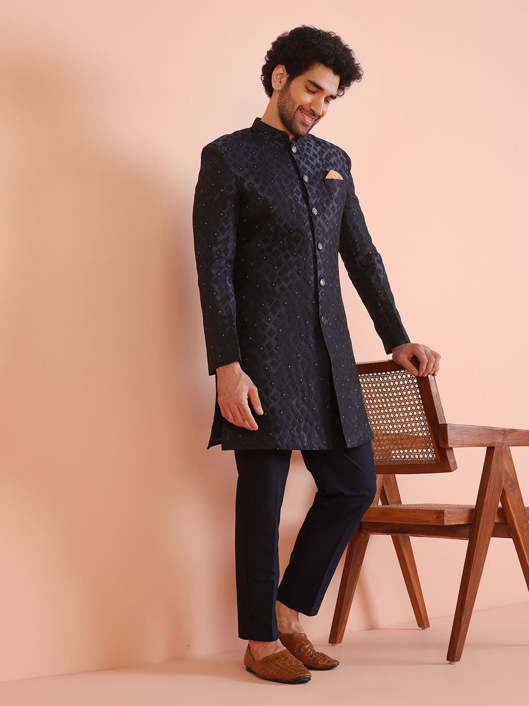 KISAH Men Self-Design Mandarin Collar Kurta Indowestern Sherwani Trouser Set - view 1