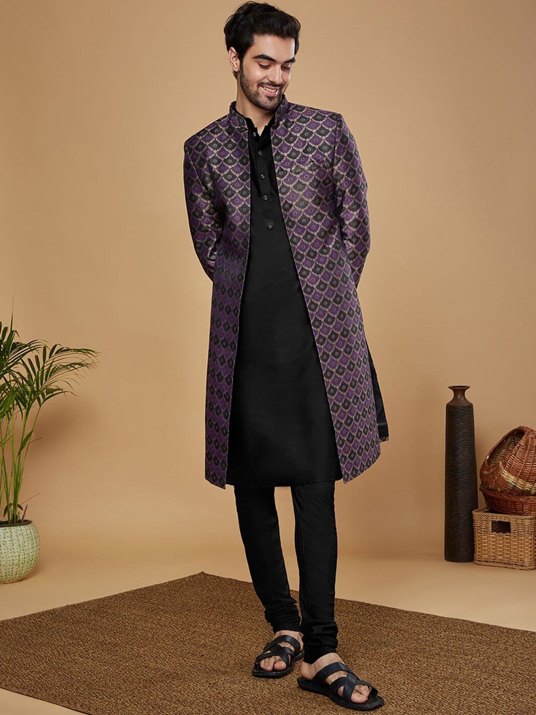 KISAH Men Self Design Linen Kurta With Indowestern Sherwani And Churidar - view 1