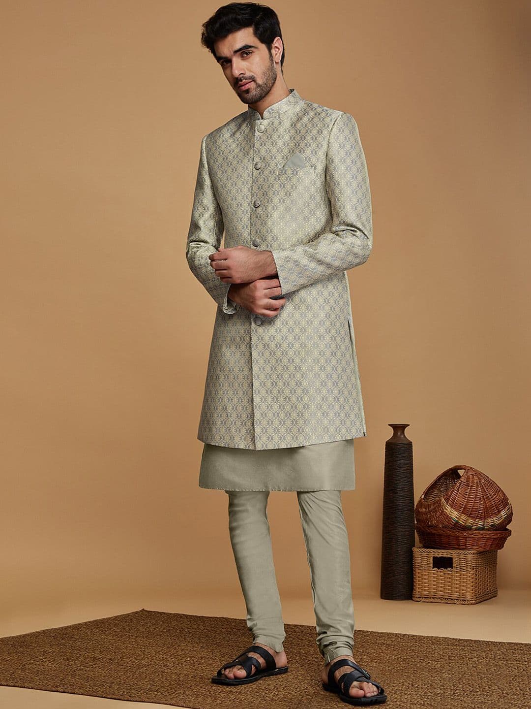 KISAH Men Woven Design Indowestern Sherwani And Churidar Set - view 1