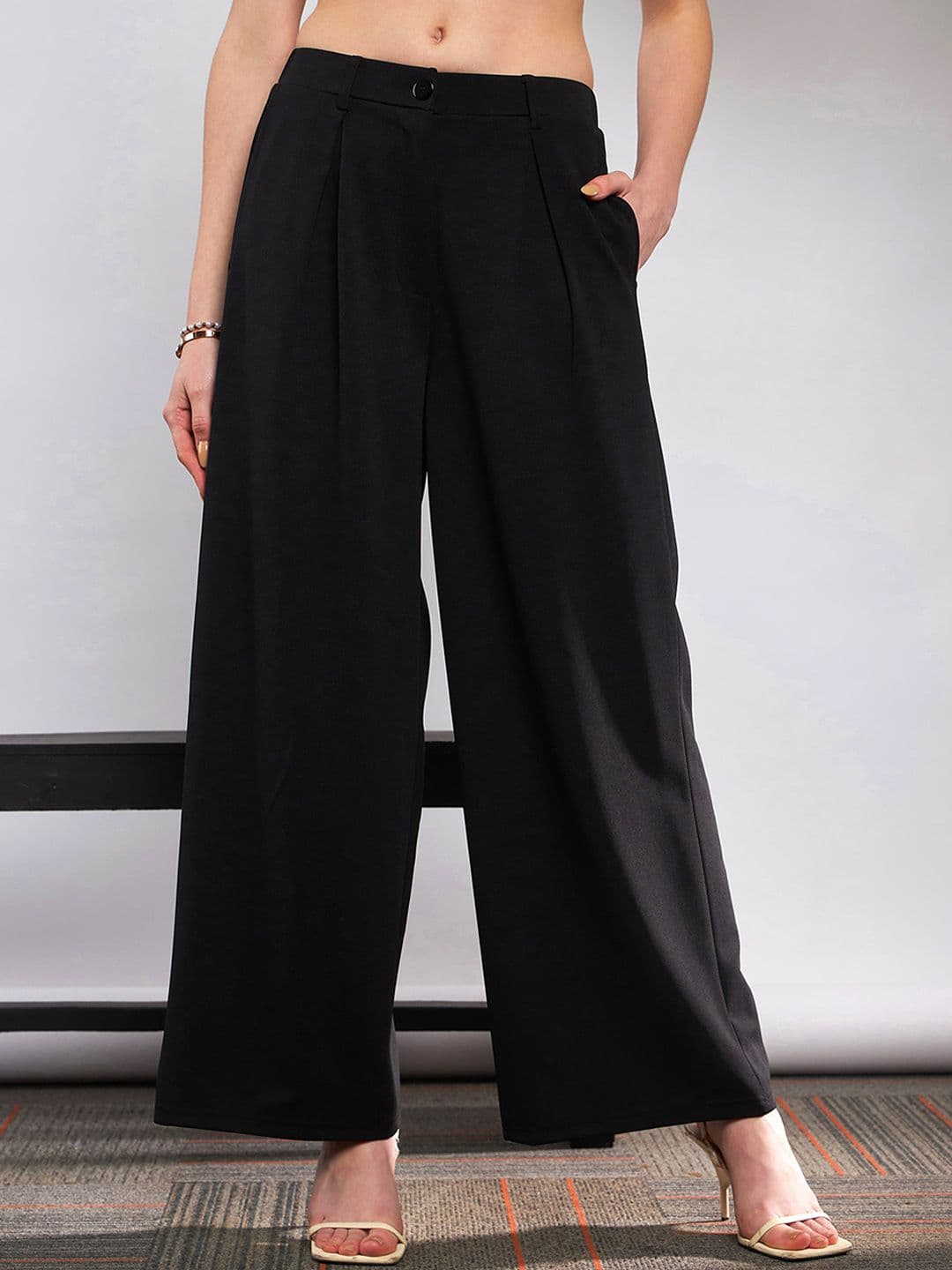 SASSAFRAS Women Black High-Rise Pleated Parallel Wide Leg Trousers - view 1