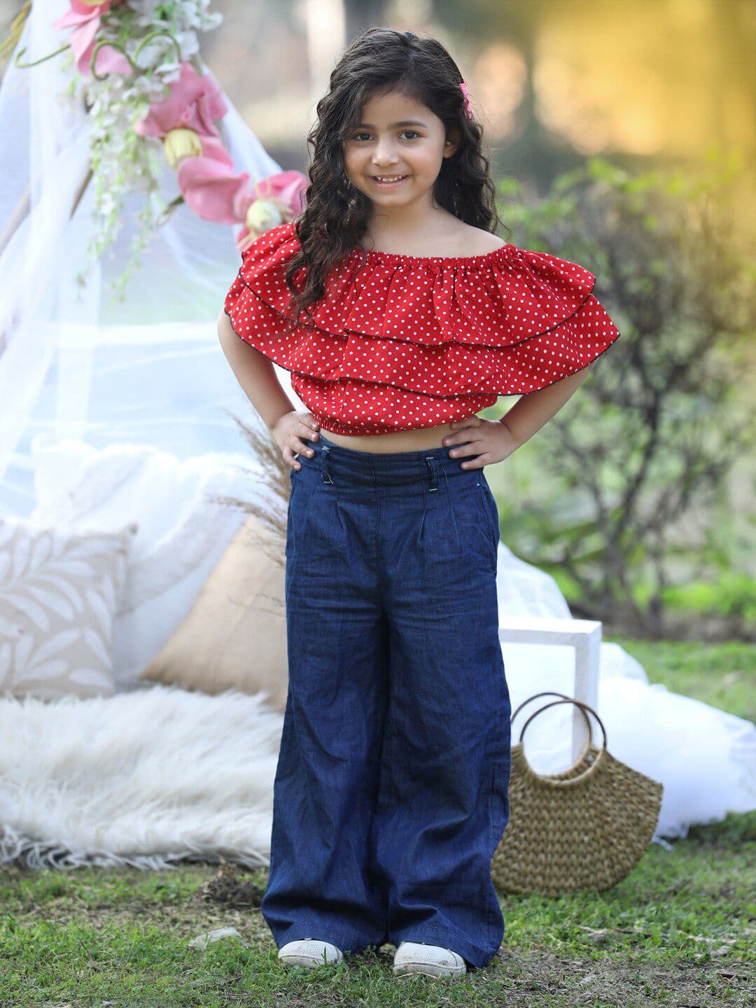 Cutiekins Girls Polka Dots Printed Off Shoulder Ruffles Blouson Crop Top - view 1