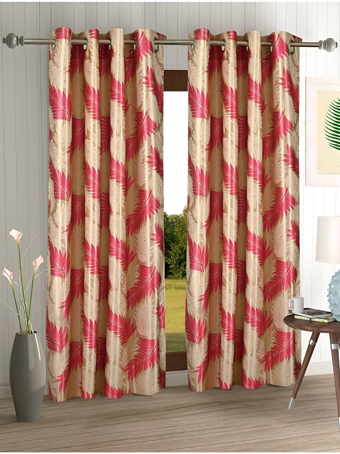 Aura Red & Beige 2 Pieces Floral Regular Long Door Curtains - view 1