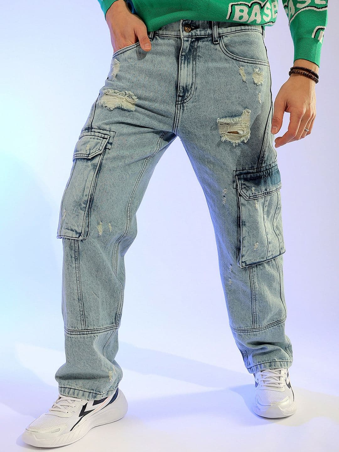 The Indian Garage Co Blue Men Relaxed Fit Highly Distressed Heavy Fade Cargo Jeans - view 1